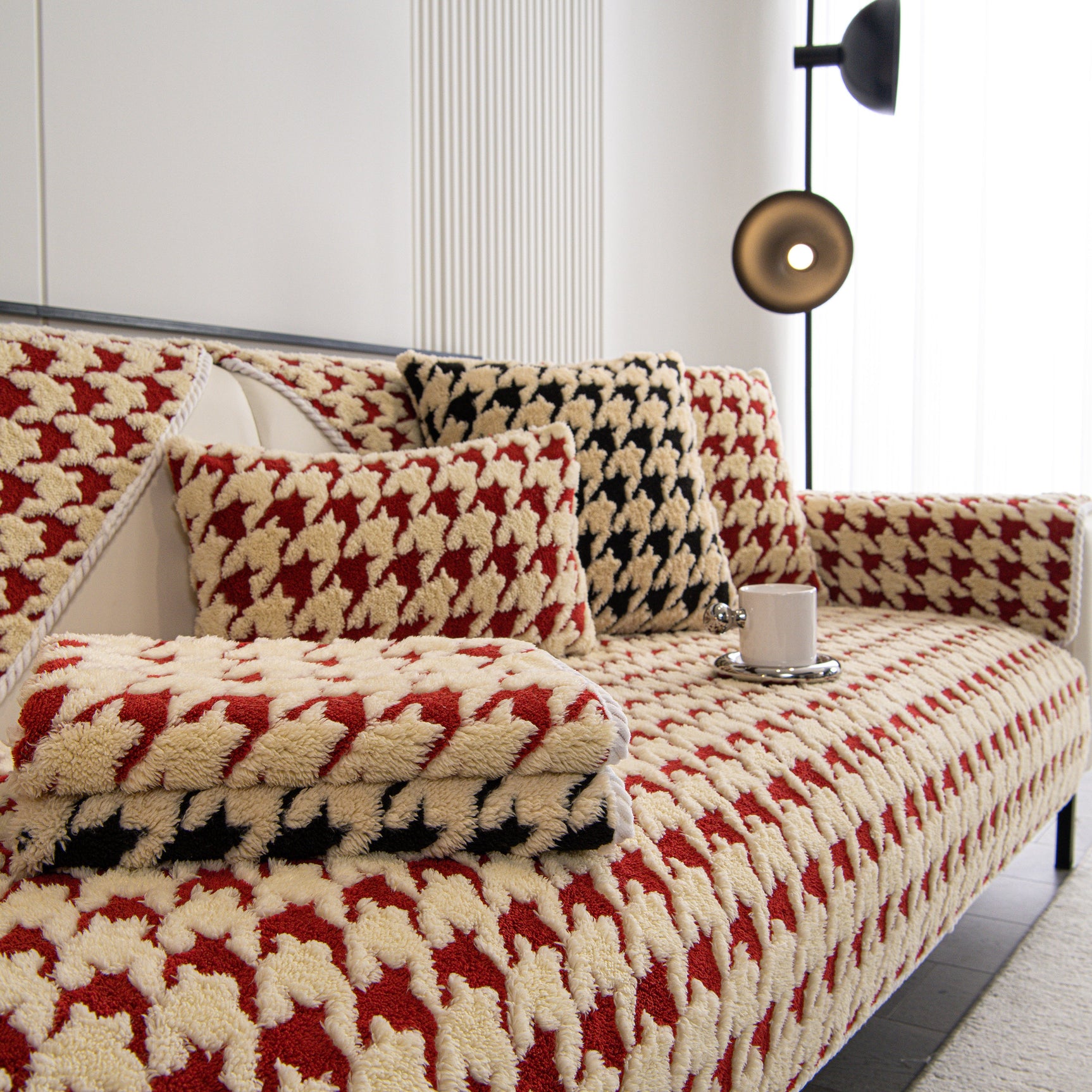 Winter Thickened Sherpa Fleece Houndstooth Sofa Cushion, Non-slip Sofa Cover with Plush - Ornate Home