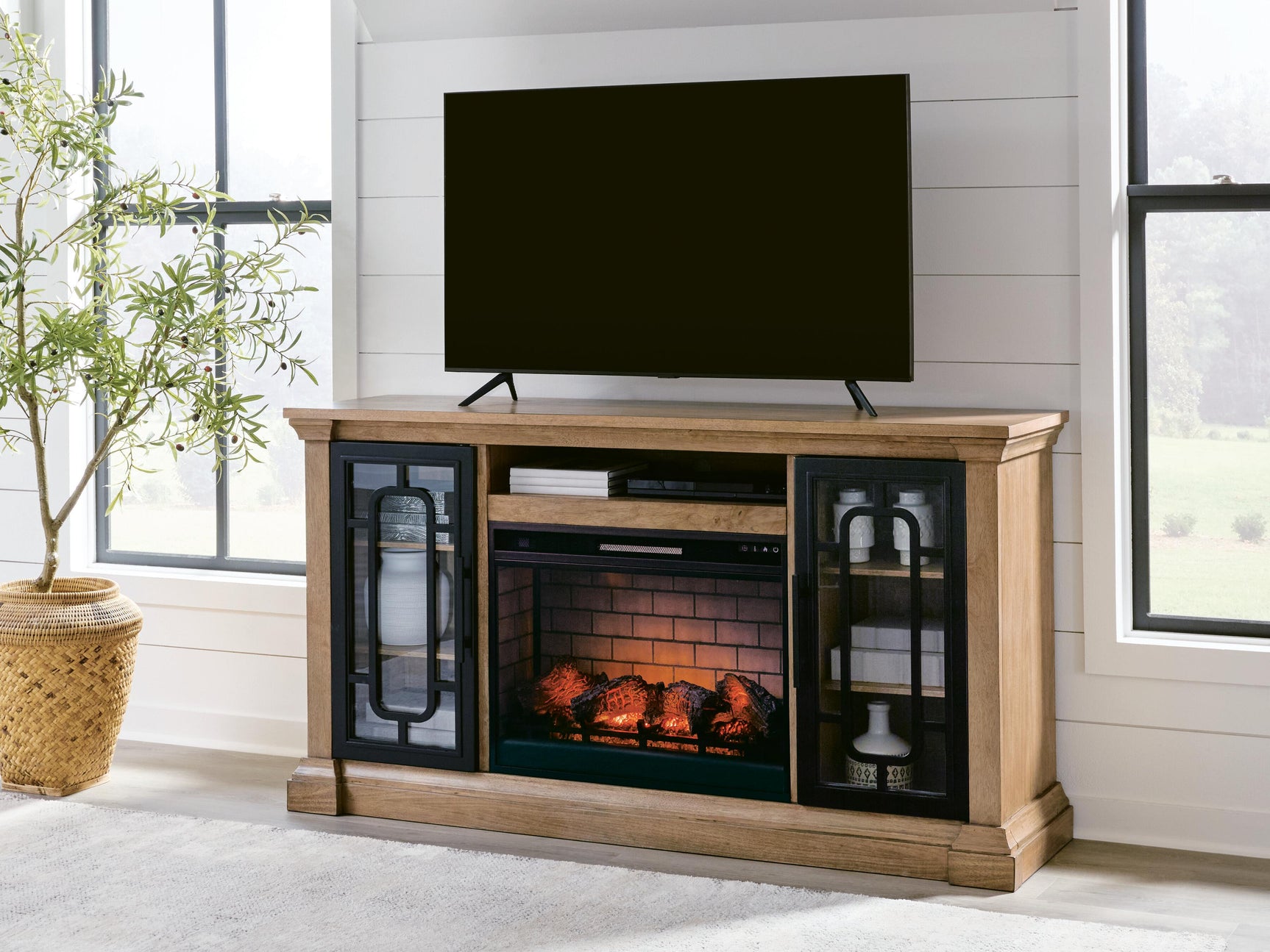 Wittenmyer Natural/Black 72" TV Stand with Electric Fireplace - Ornate Home