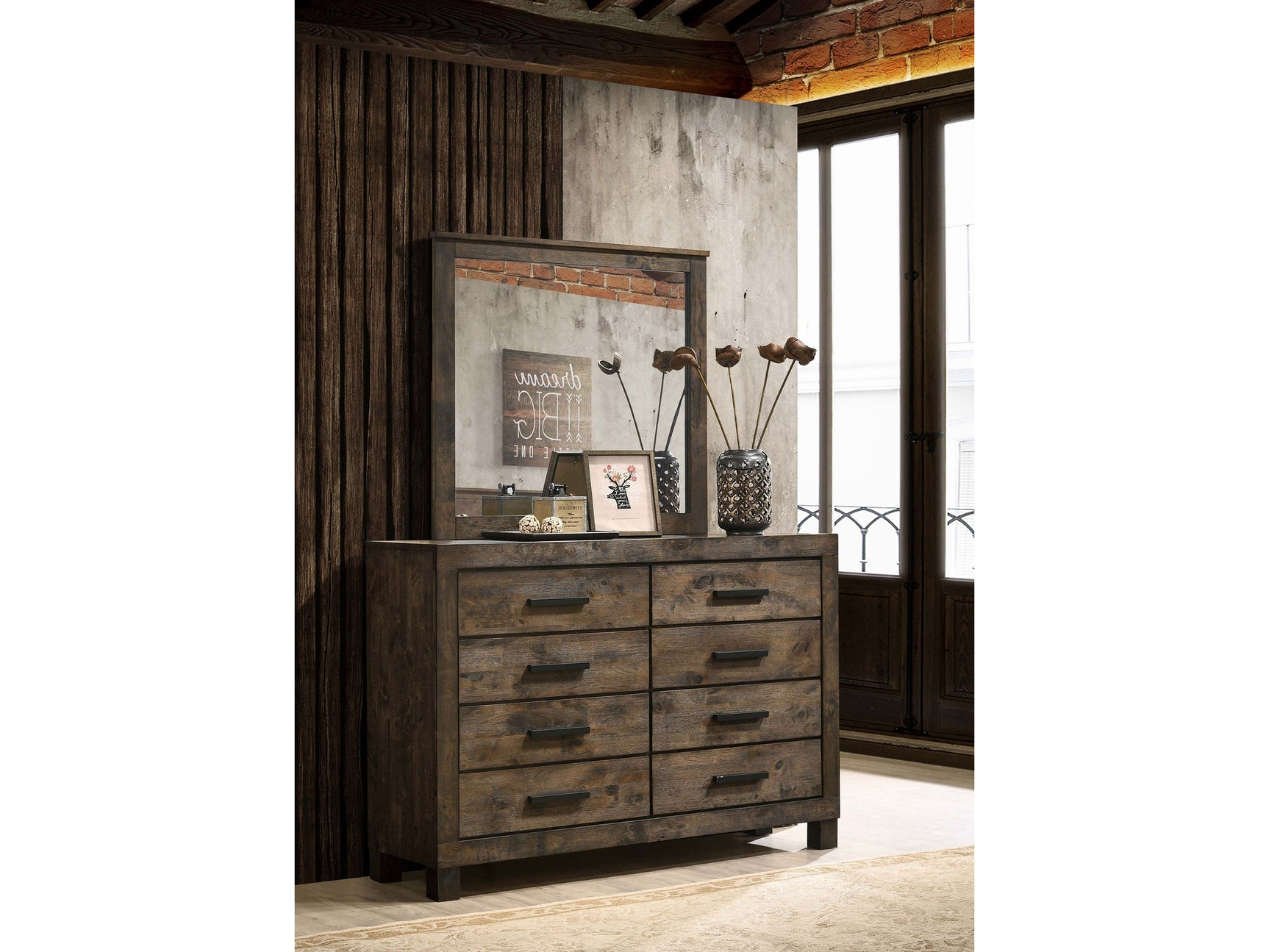 Woodmont Rustic Golden Brown Dresser and Mirror - Ornate Home