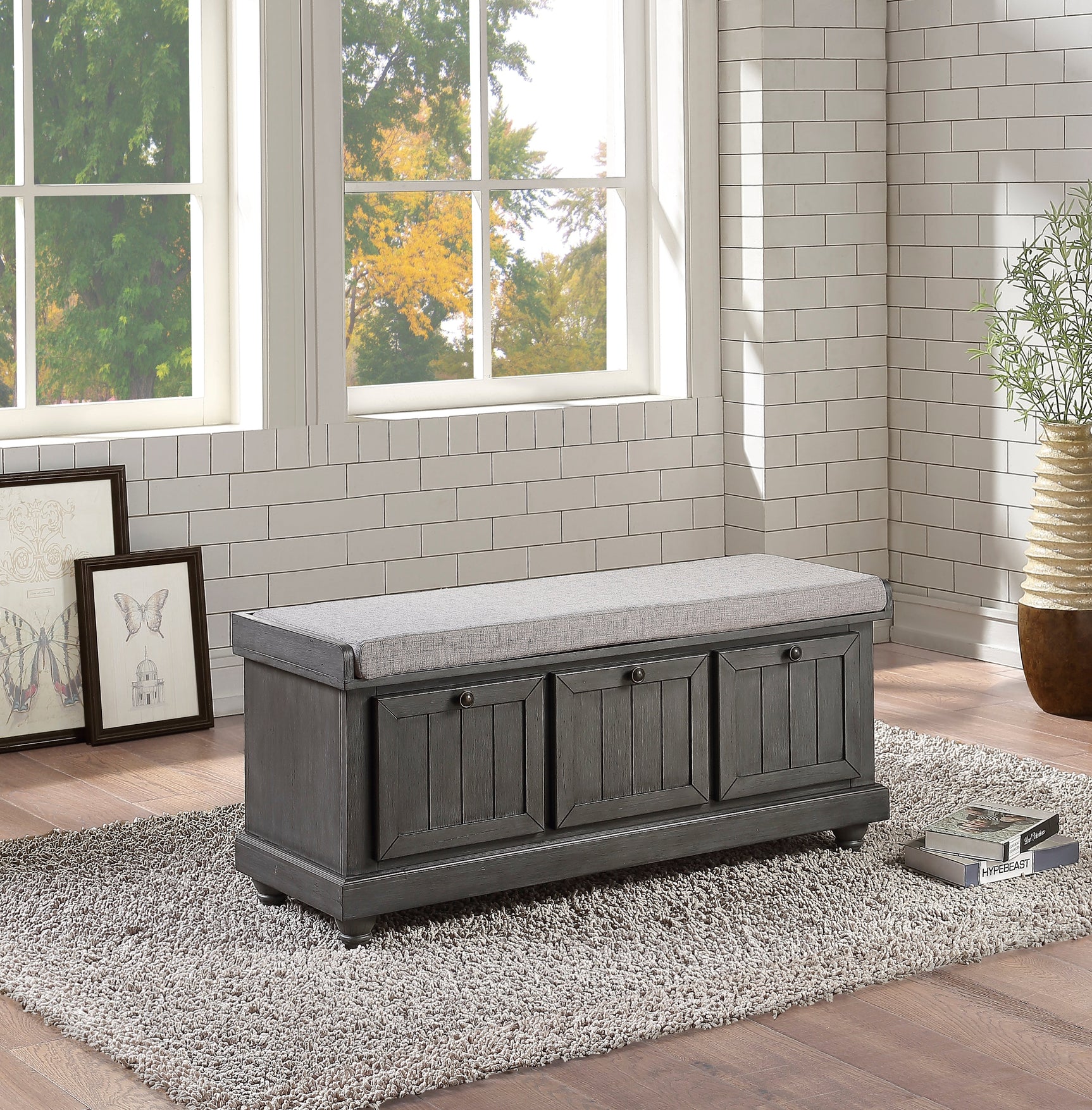 Woodwell Dark Gray Lift Top Storage Bench - Ornate Home