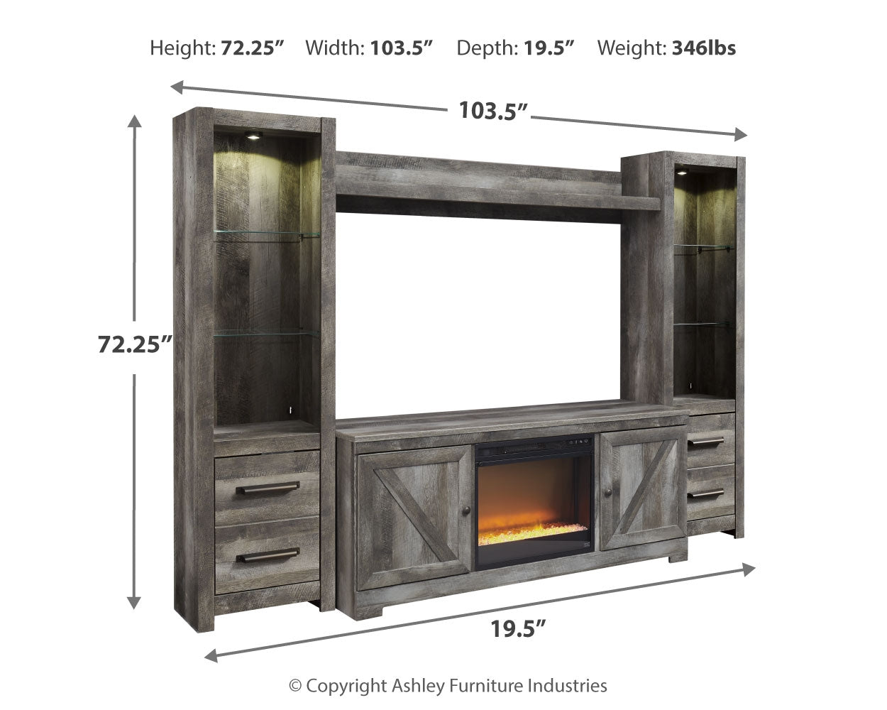 Wynnlow Gray 4-Piece Entertainment Center with Electric Fireplace (Faux glass crystals) - Ornate Home