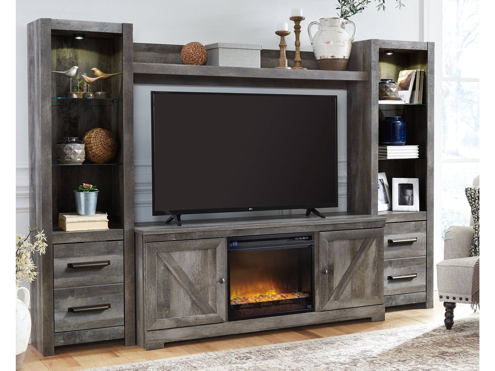 Wynnlow Gray 4-Piece Entertainment Center with Electric Fireplace (Online Special Price) (Faux glass crystals) - Ornate Home
