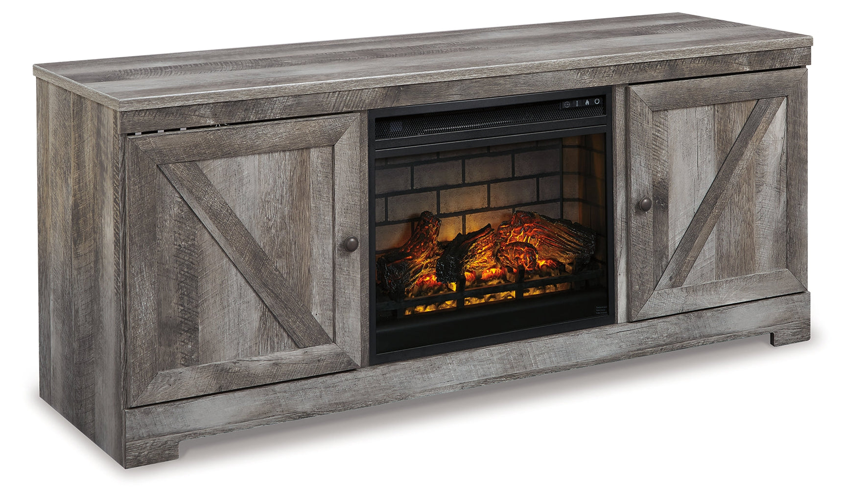 Wynnlow Gray 63" TV Stand with Electric Fireplace (Realistic-looking log set) - Ornate Home