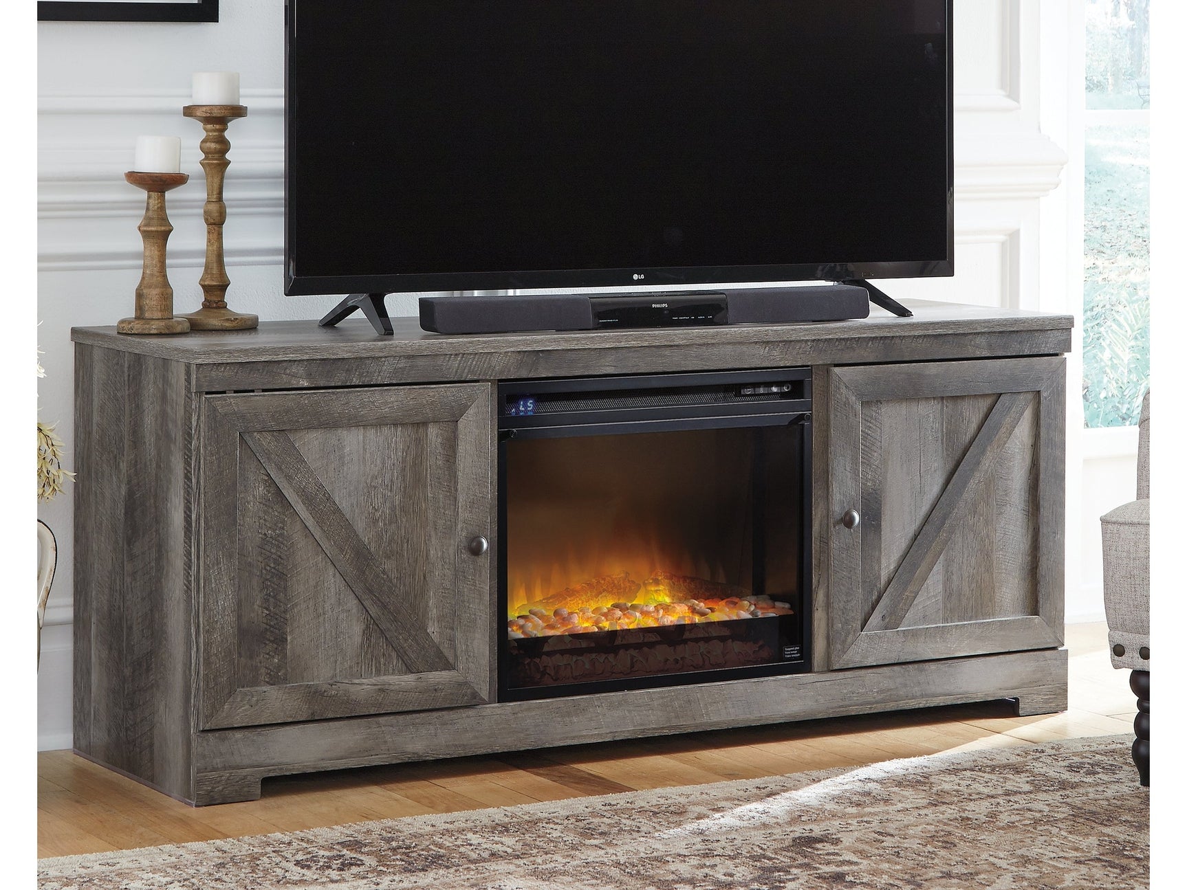 Wynnlow Gray 63" TV Stand with Electric Fireplace (faux glass crystals) - Ornate Home