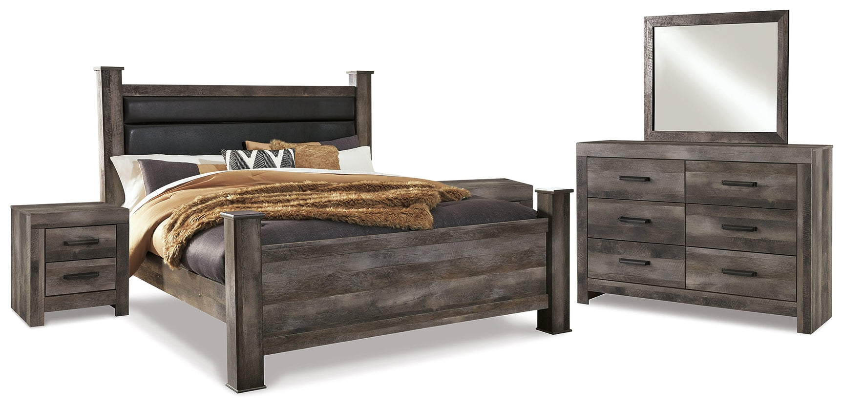 Wynnlow Gray King Poster Bedroom Set with Dresser, Mirror and 2 Nightstands (Online Special Price) - Ornate Home