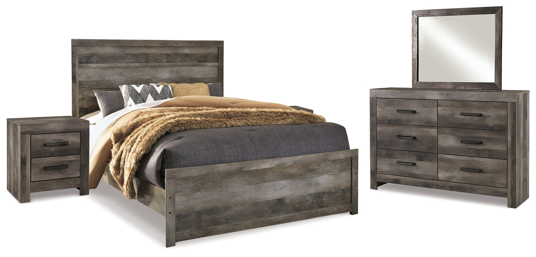 Wynnlow Gray Queen Panel Bedroom Set with Dresser, Mirror and 2 Nightstands - Ornate Home