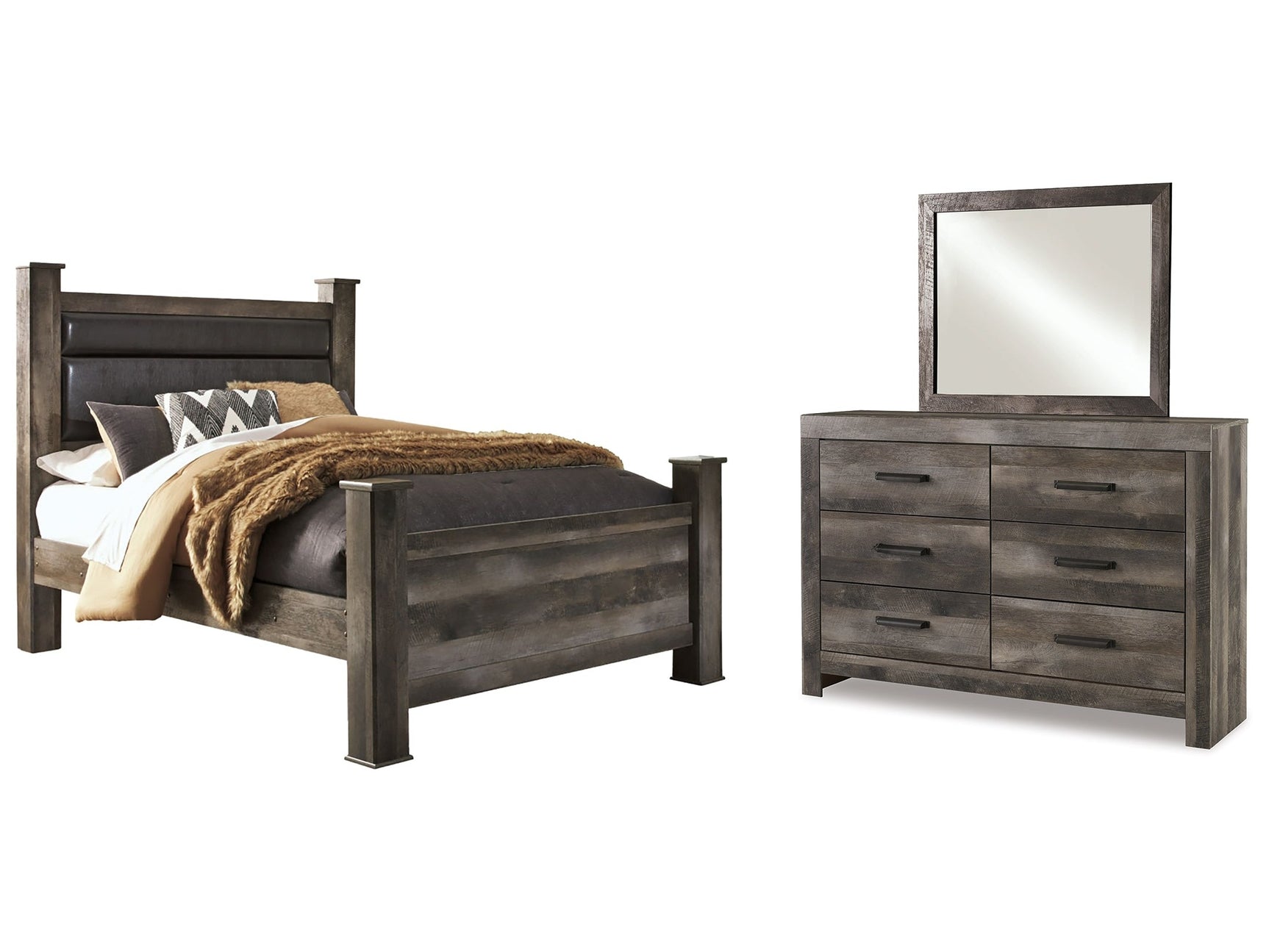 Wynnlow Gray Queen Upholstered Poster Bed, Dresser and Mirror - Ornate Home