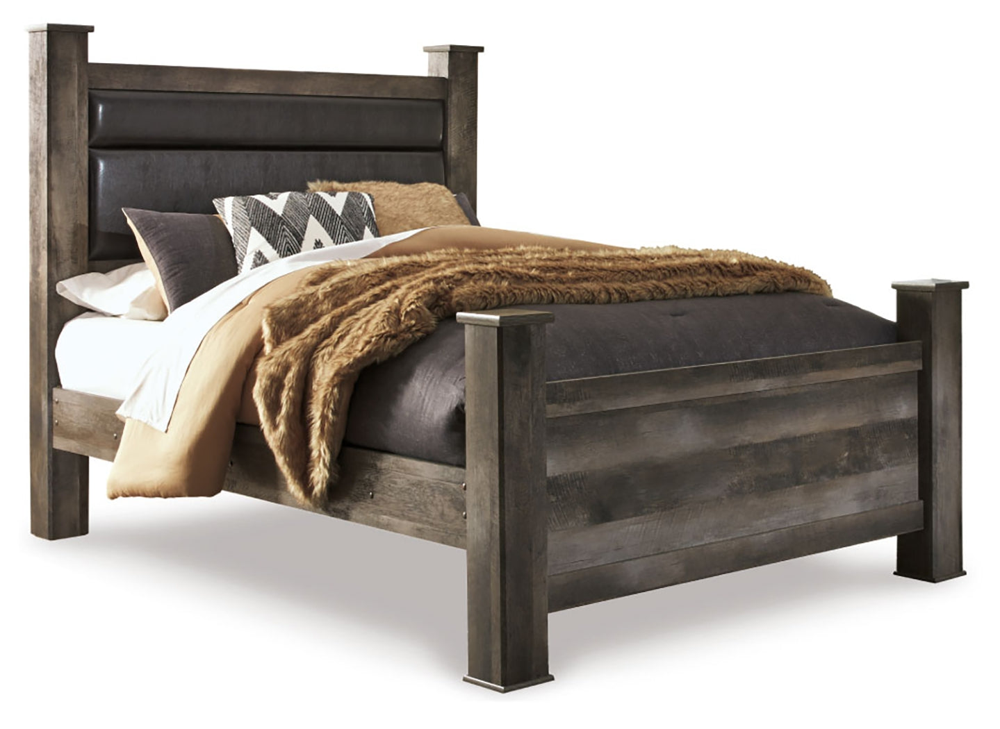 Wynnlow Gray Queen Upholstered Poster Bed, Dresser and Mirror - Ornate Home