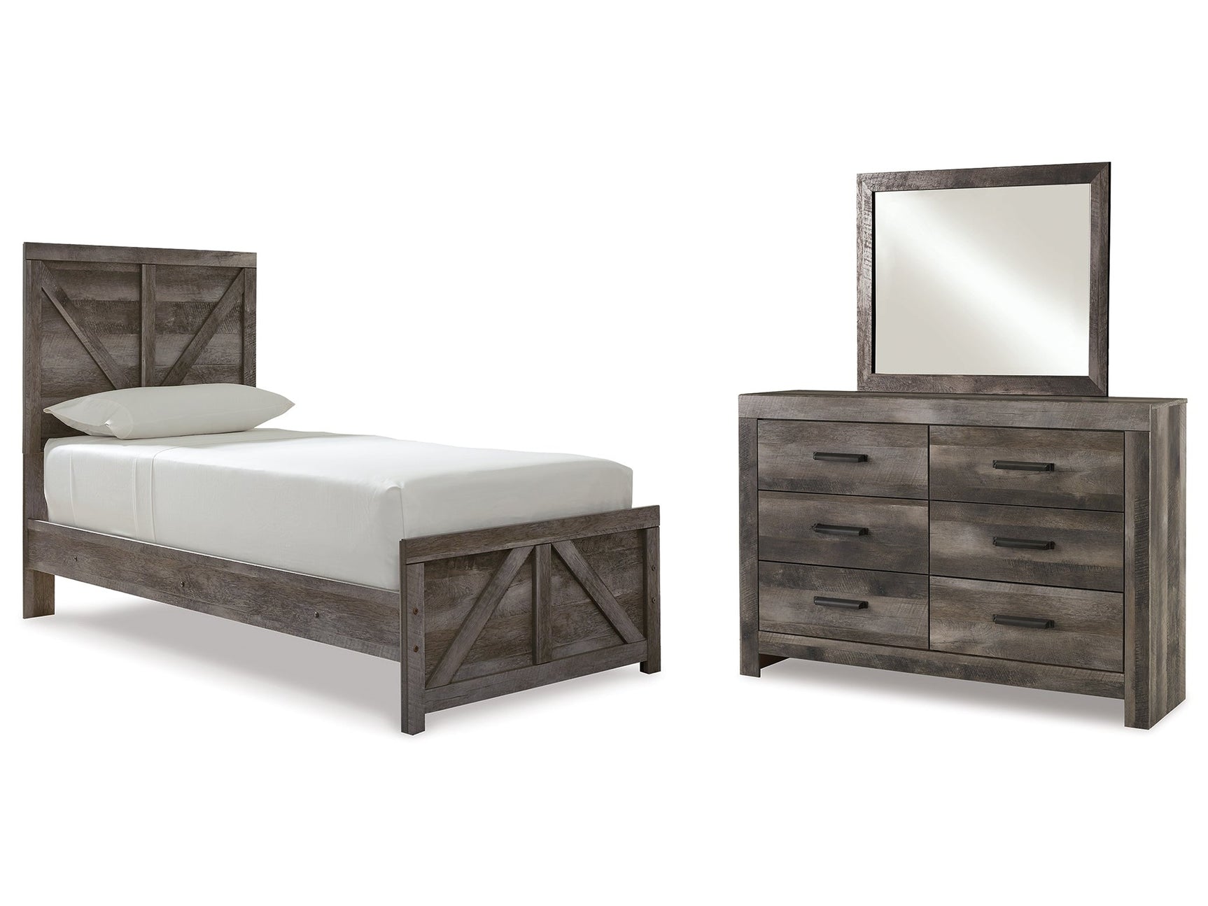 Wynnlow Gray Twin Crossbuck Panel Bed, Dresser and Mirror - Ornate Home