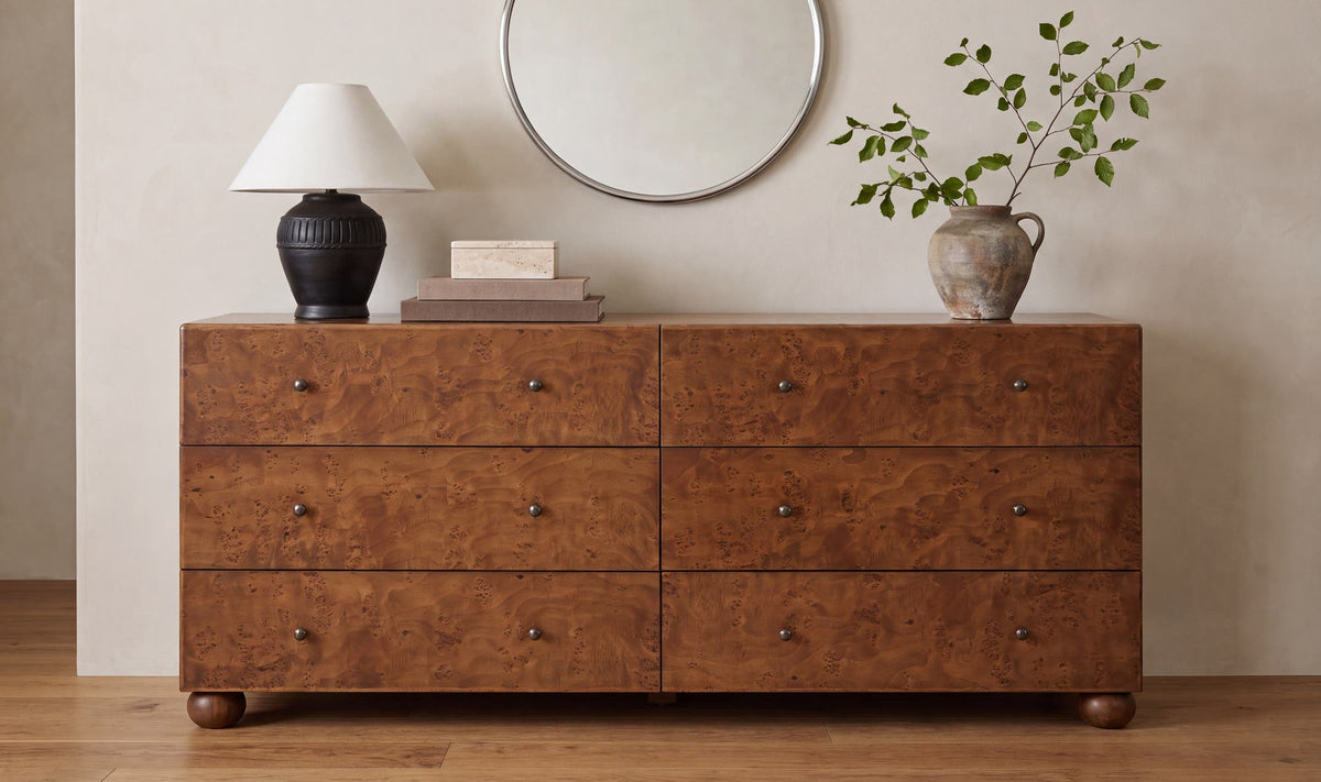 York Warm Brown Burl 6 Drawer Dresser - Ornate Home
