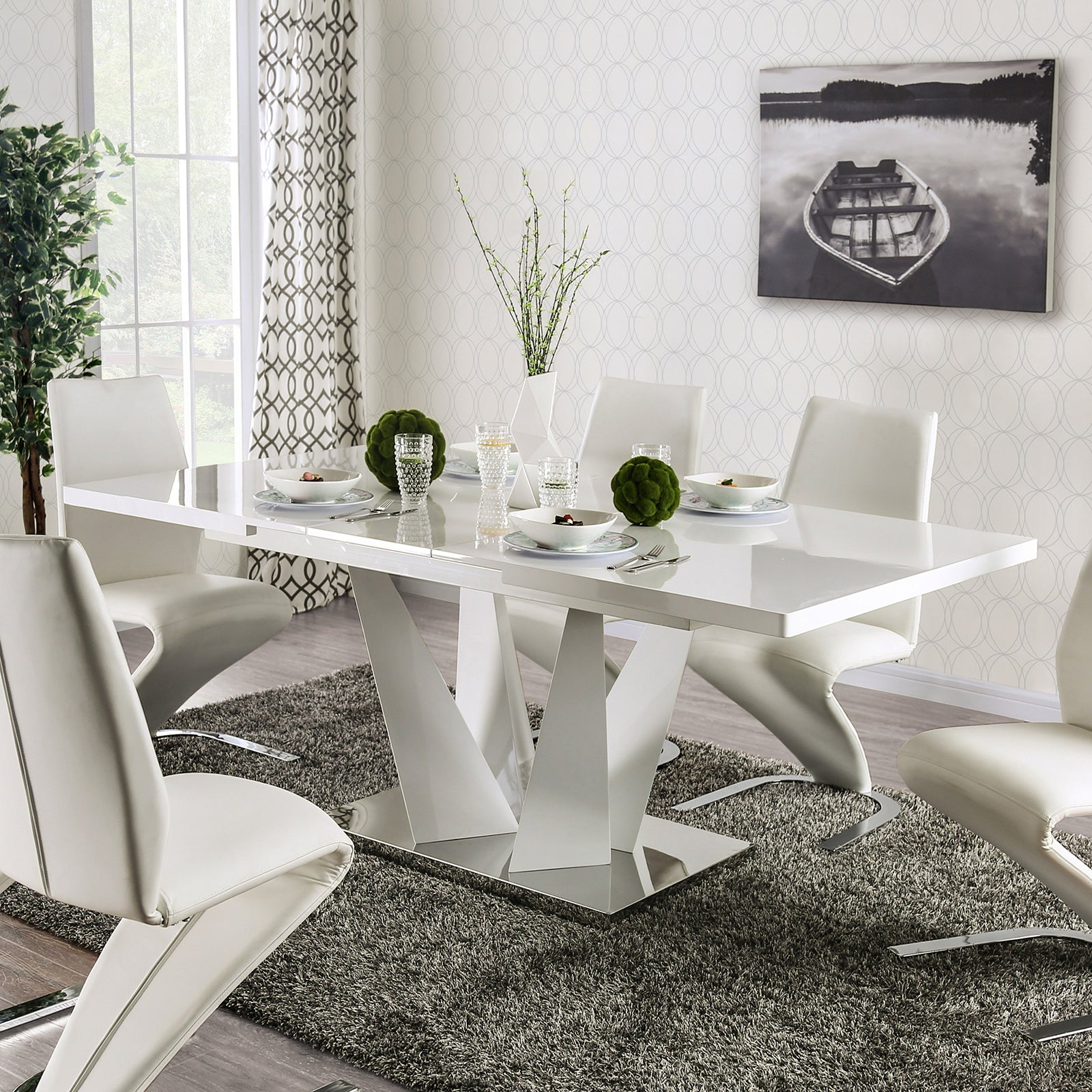 Zain White/Chrome 7 Pc. Dining Set - Ornate Home