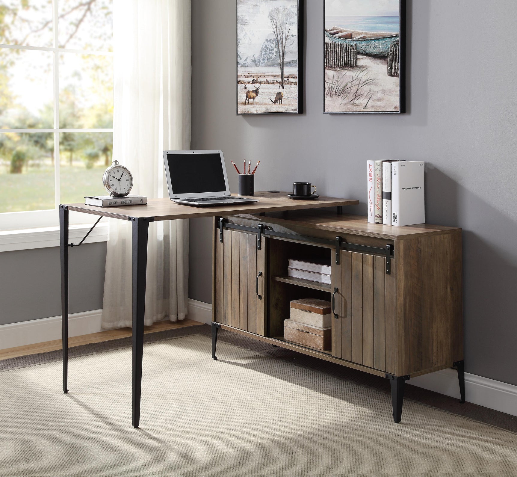 Zakwani Rustic Oak/Black Writing Desk w/ USB - Ornate Home