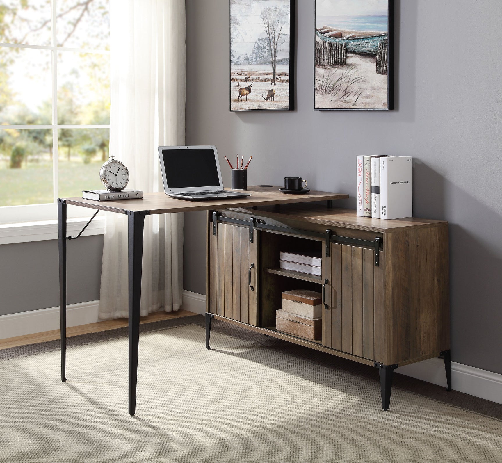 Zakwani Rustic Oak/Black Writing Desk w/ USB - Ornate Home
