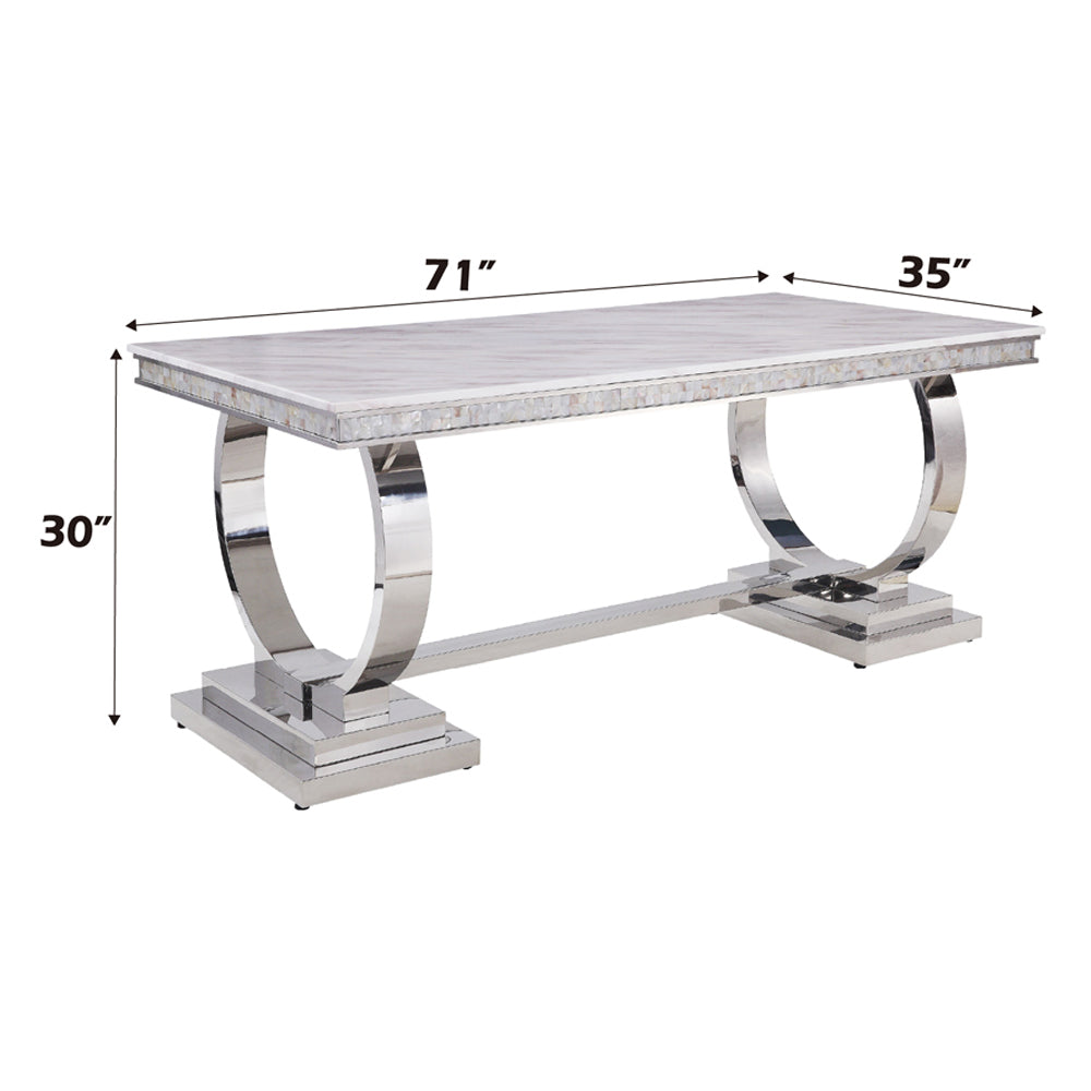 Zander Rectangular Stainless Steel Pedestal & Faux Marble Dining Table - Ornate Home