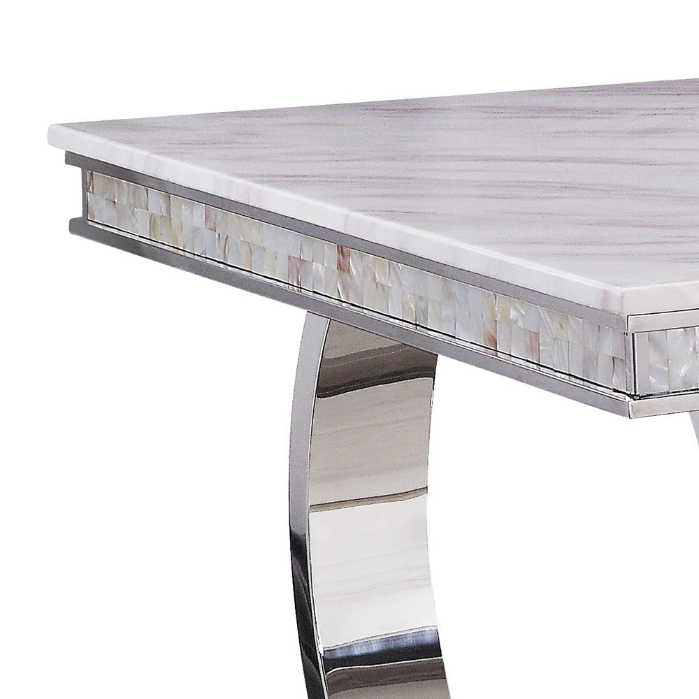 Zander Rectangular Stainless Steel Pedestal & Faux Marble Dining Table - Ornate Home