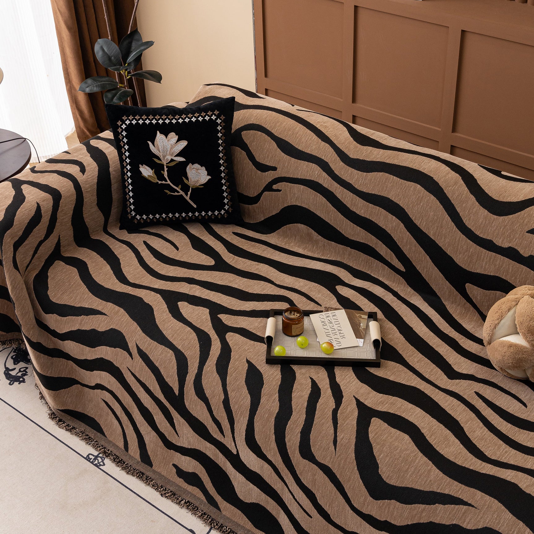 Zebra Striped Chenille Throw Sofa Cover Full-Cover Decorative Furniture Slipcover - Ornate Home