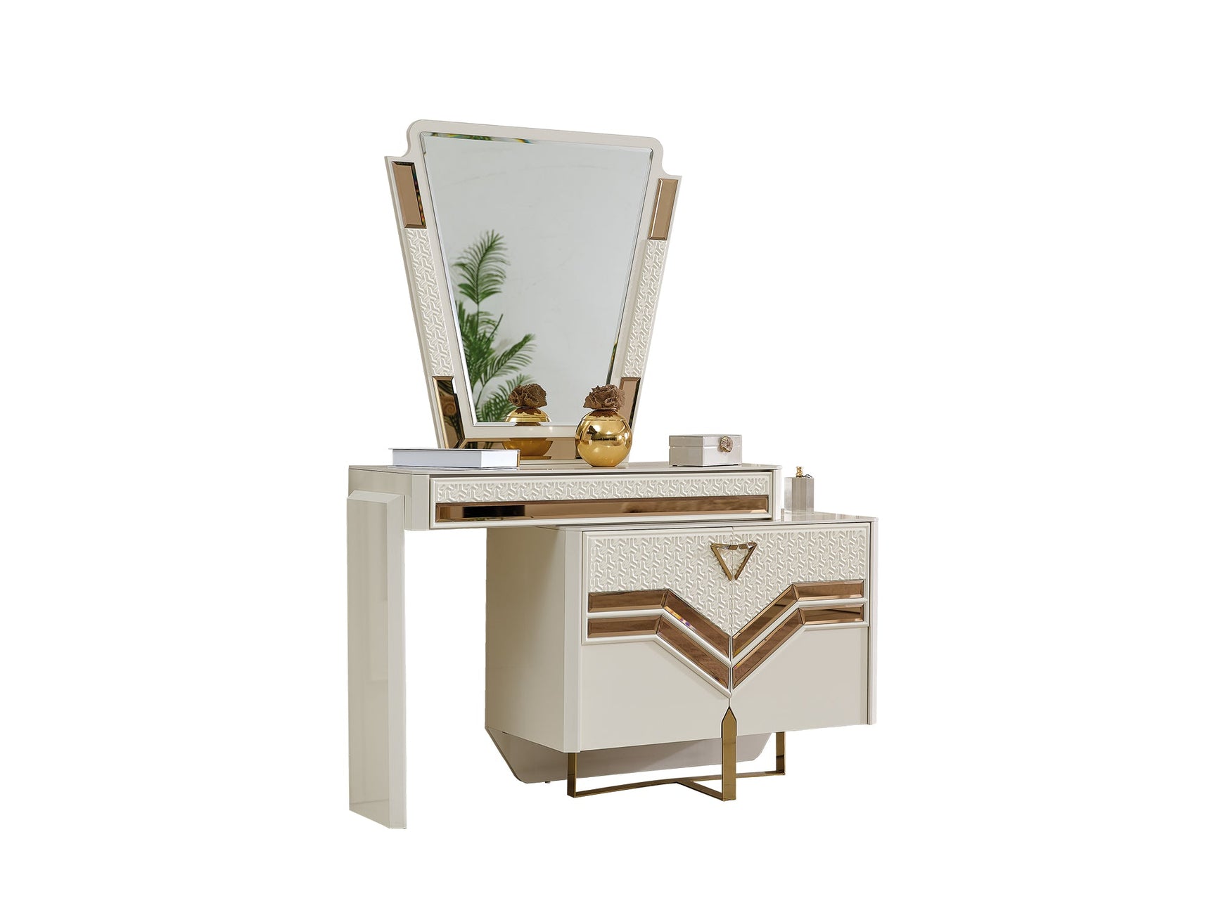 Zen Cream/Gold Bedroom Set (Queen Frame With Headboard & Dresser With Mirror & 2 Nightstand)