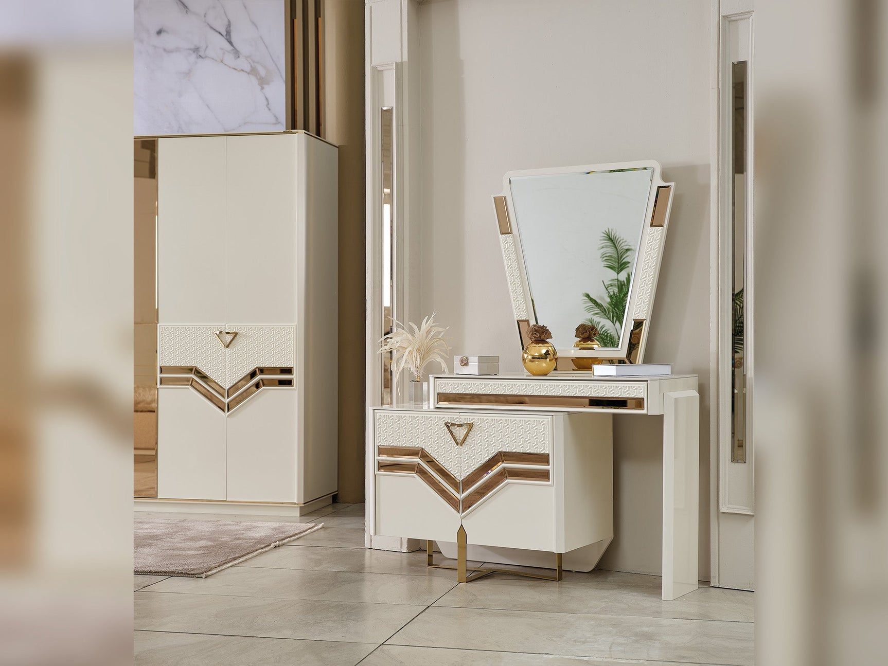 Zen Cream/Gold Bedroom Set (Queen Frame With Headboard & Dresser With Mirror & 2 Nightstand)