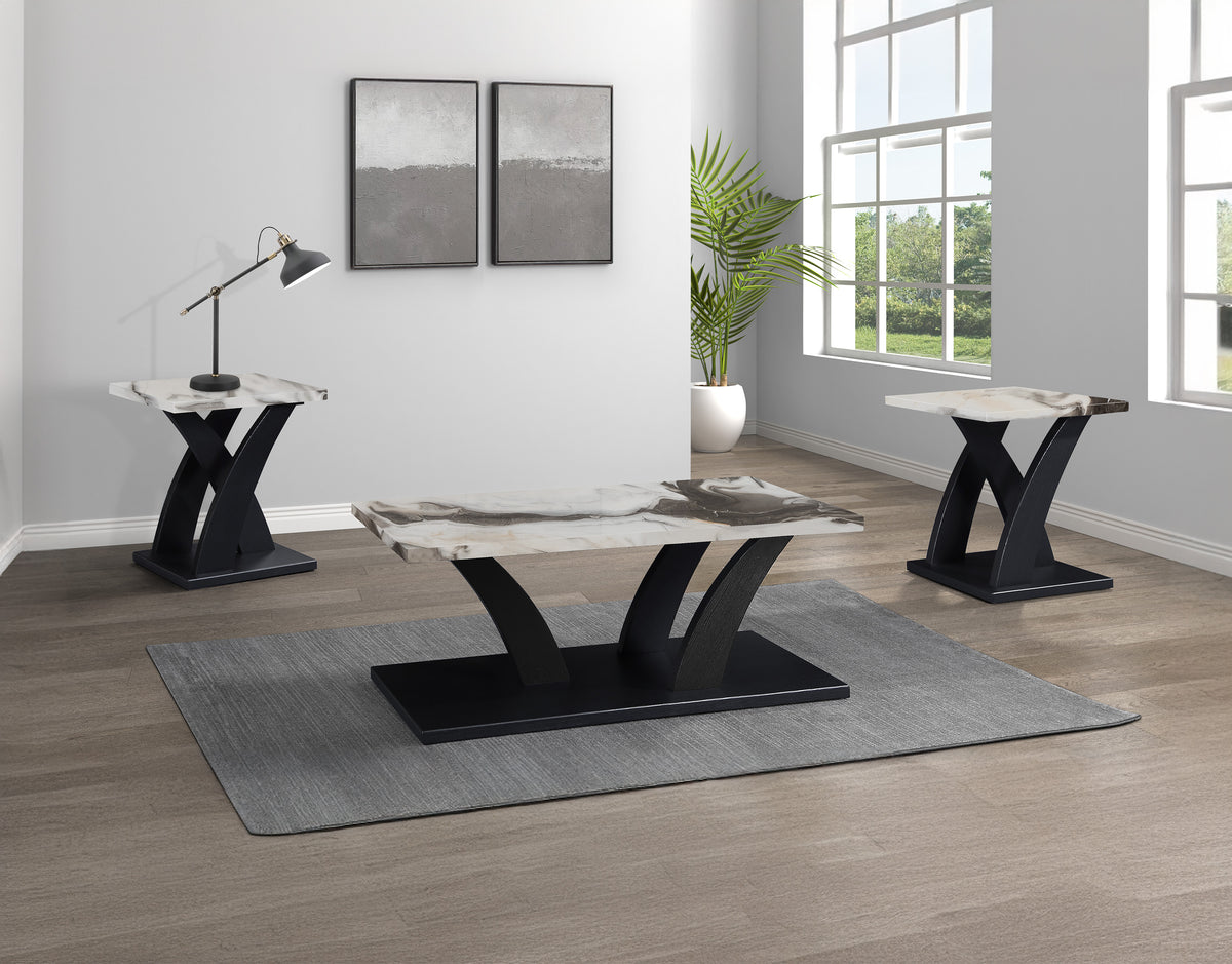 Zion White/Black/Brown Faux Marble 3-Piece Coffee Table Set - Ornate Home