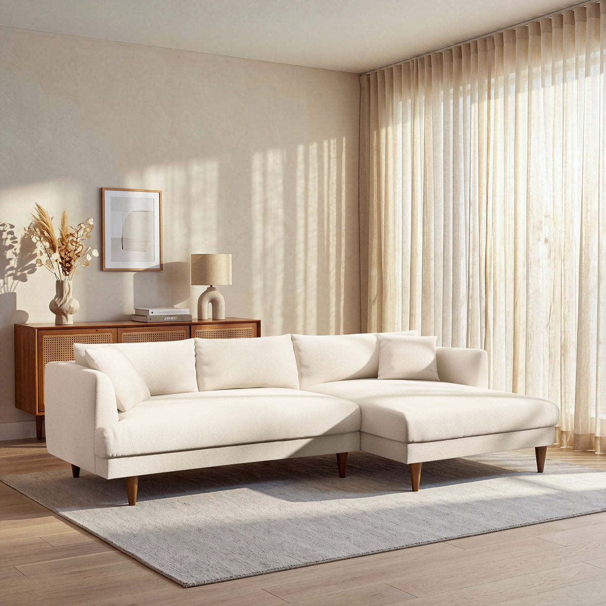 Zoya Cream Right-Facing Down Filled Overstuffed Boucle Sectional Sofa