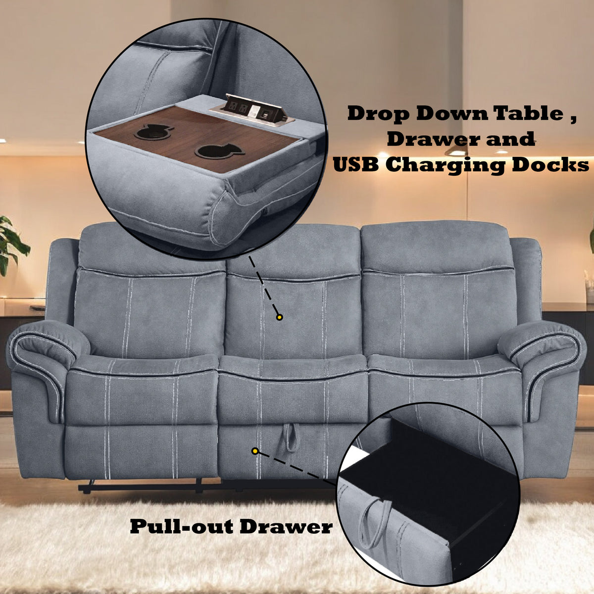 Zubaida 2Tone Gray Velvet Glider Motion Sofa - Ornate Home