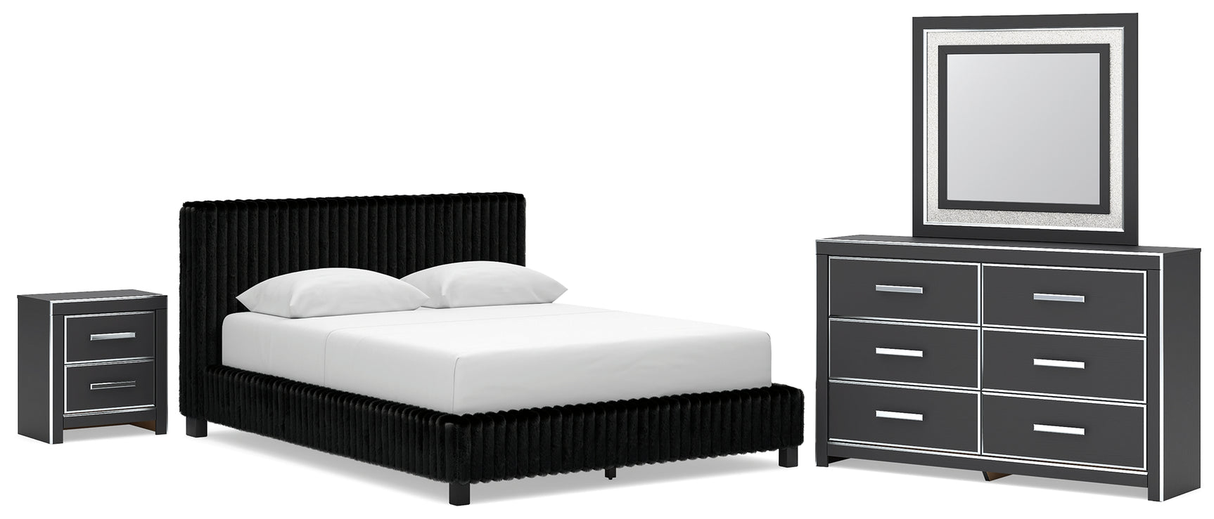 Zuraleus Black Queen Upholstered Bed, Dresser, Mirror and Nightstand - Ornate Home