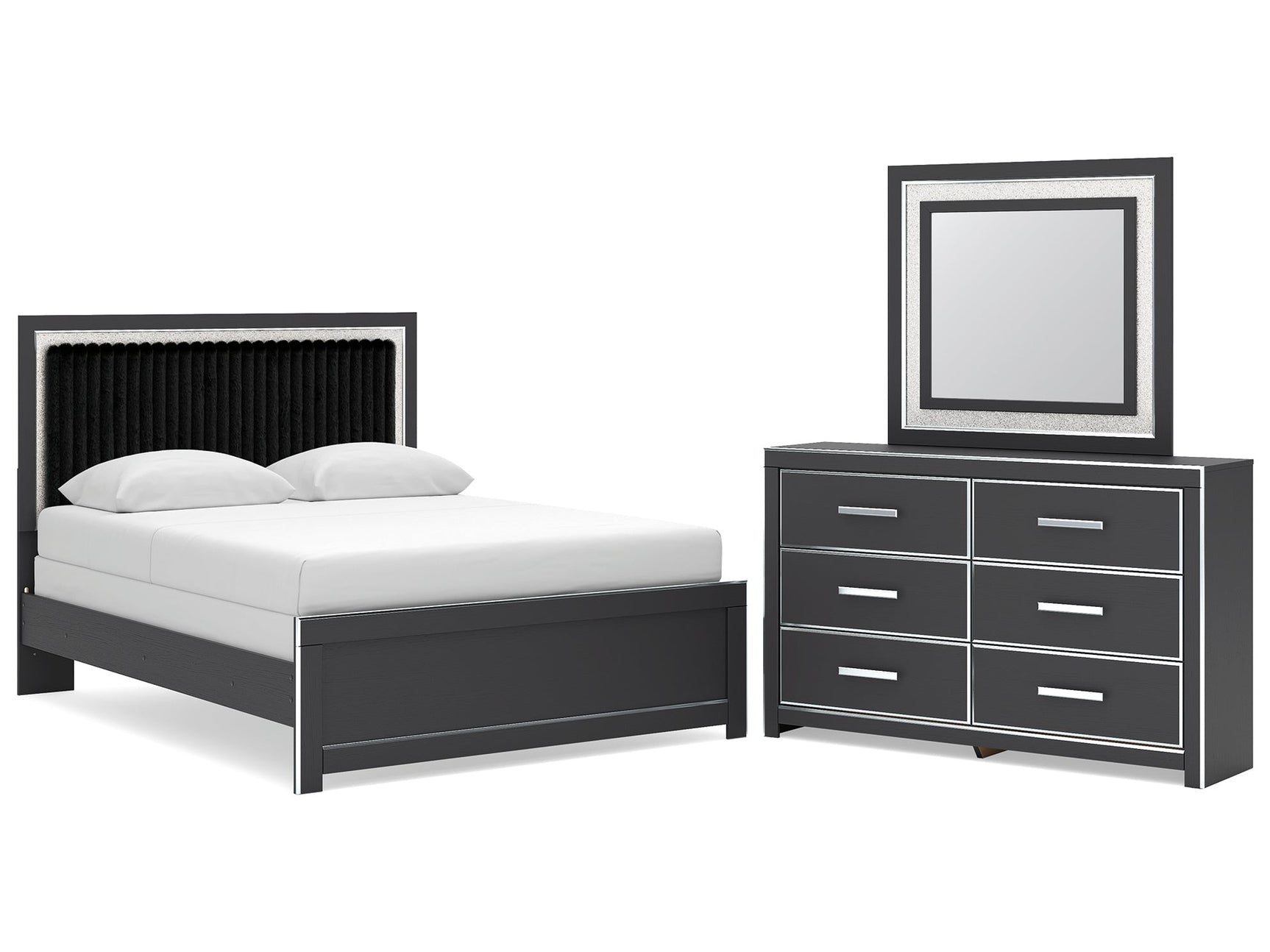 Zuraleus Black Queen Upholstered Panel Bed, Dresser and Mirror - Ornate Home