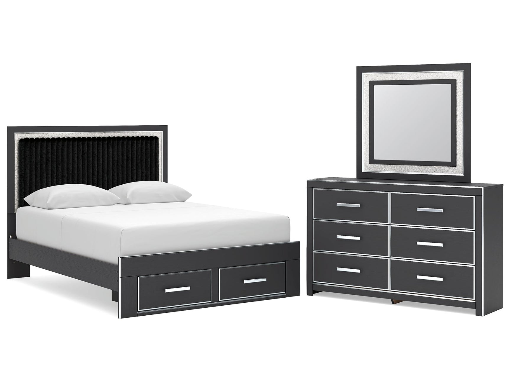Zuraleus Black Queen Upholstered Panel Platform Storage Bed, Dresser and Mirror (Online Special Price) - Ornate Home