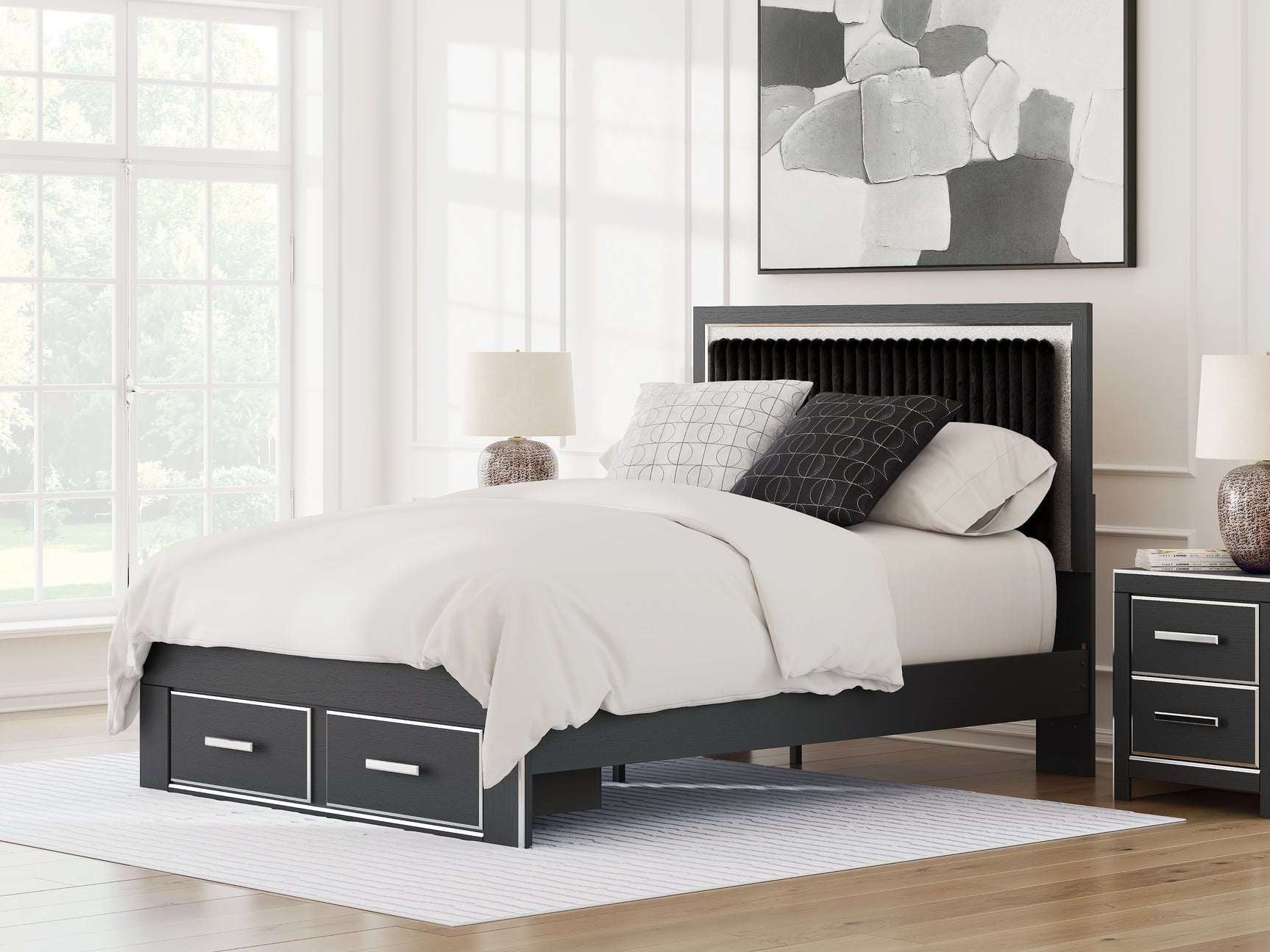 Zuraleus Black Queen Upholstered Panel Platform Storage Bed, Dresser and Mirror - Ornate Home