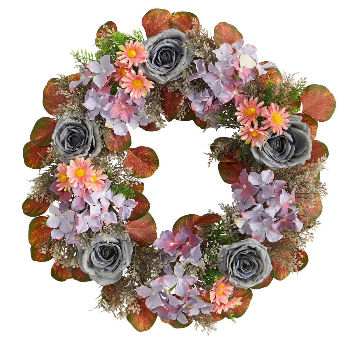 22” Silver Rose and Purple Hydrangea Artificial Wreath