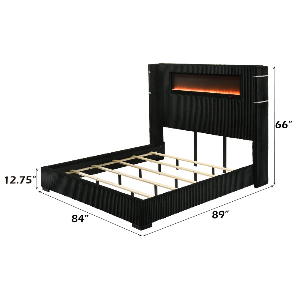 Garner Black/Gray EK Bed w/Fireplace, LED, Reading Light, Speaker, Bluetooth, USB