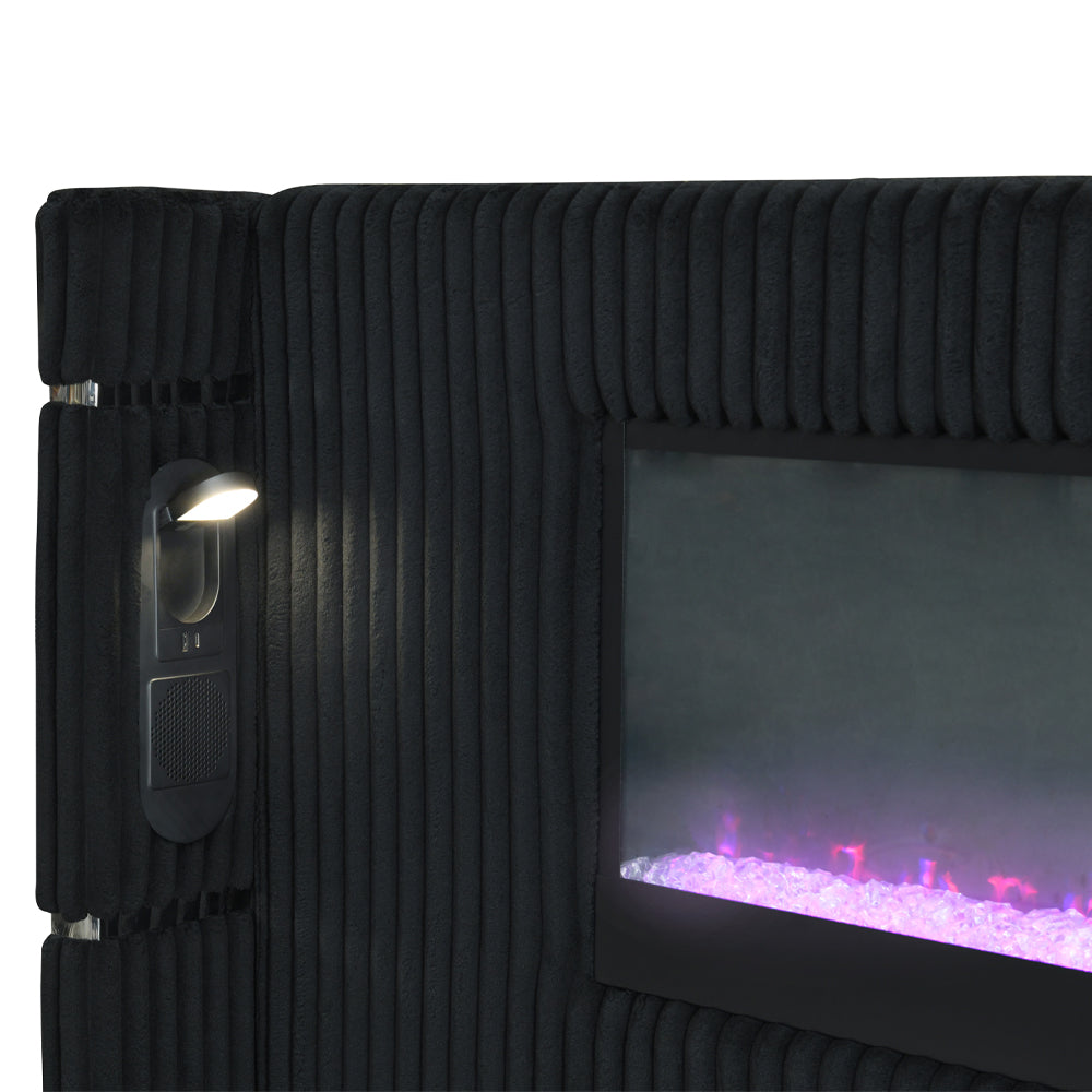 Garner Black/Gray Queen Bed w/Fireplace, LED, Reading Light, Speaker, Bluetooth, USB