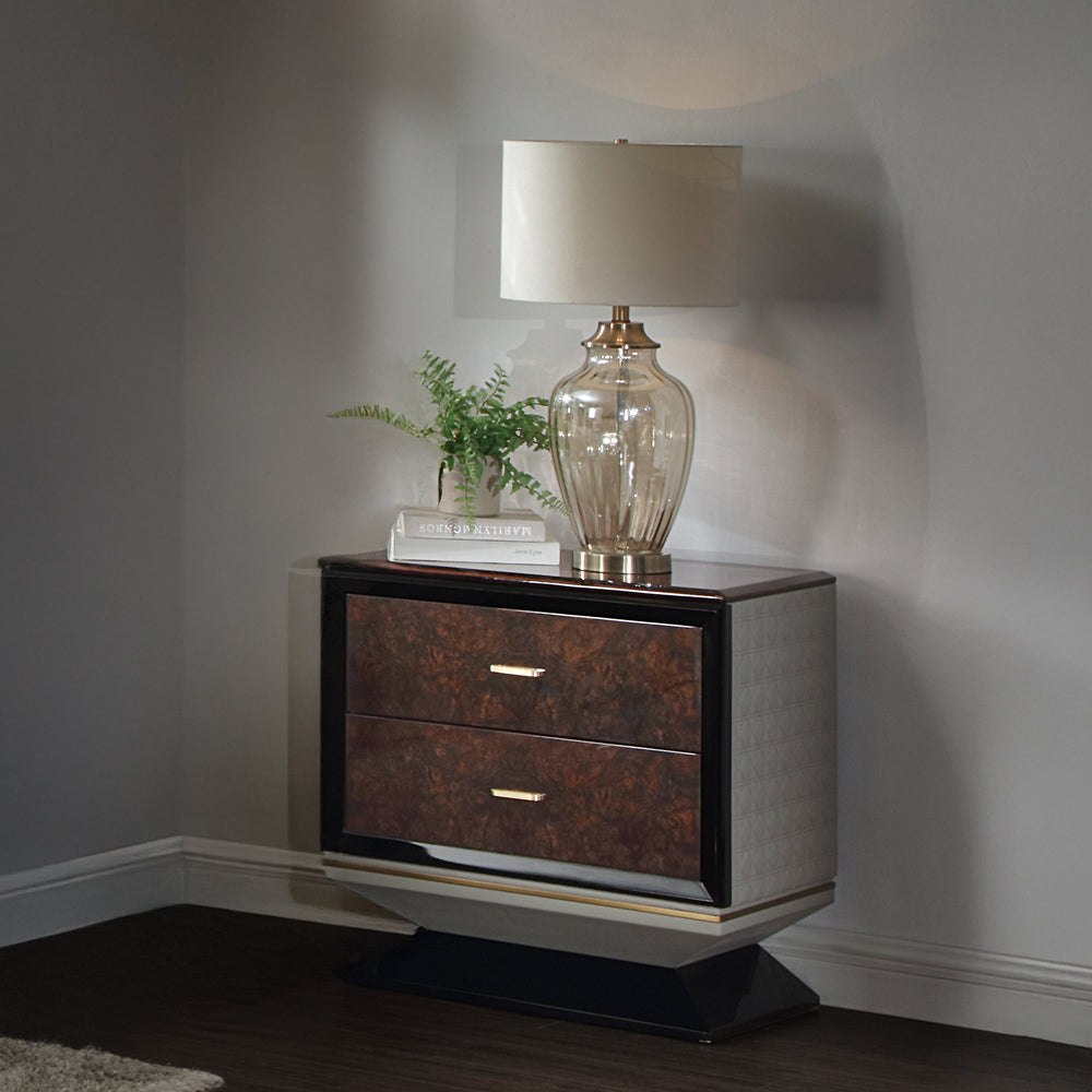 Jamonica Glossy Wood Grain Top/Gold Nightstand w/2 Drawers