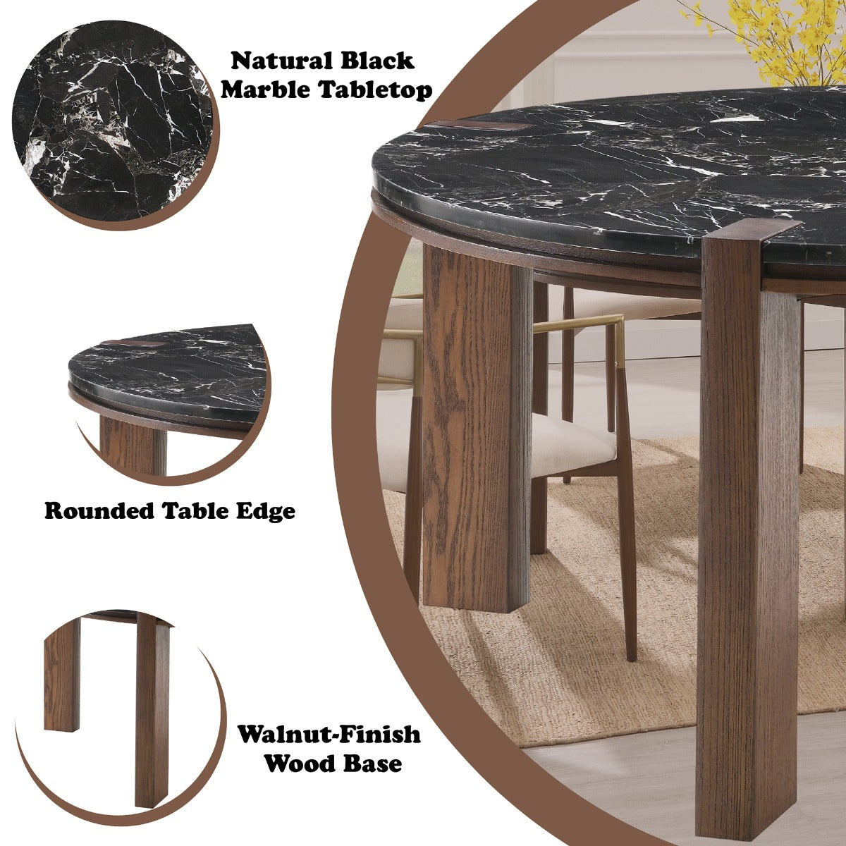 Estella Black/Walnut Round Dining Table w/Marble Top