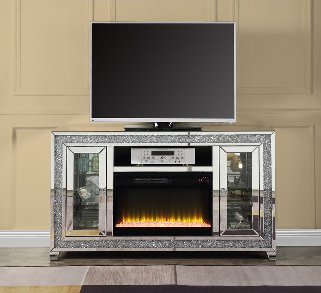 Noralie Mirrored/Faux Diamonds Tv Stand w/ Fireplace & Led
