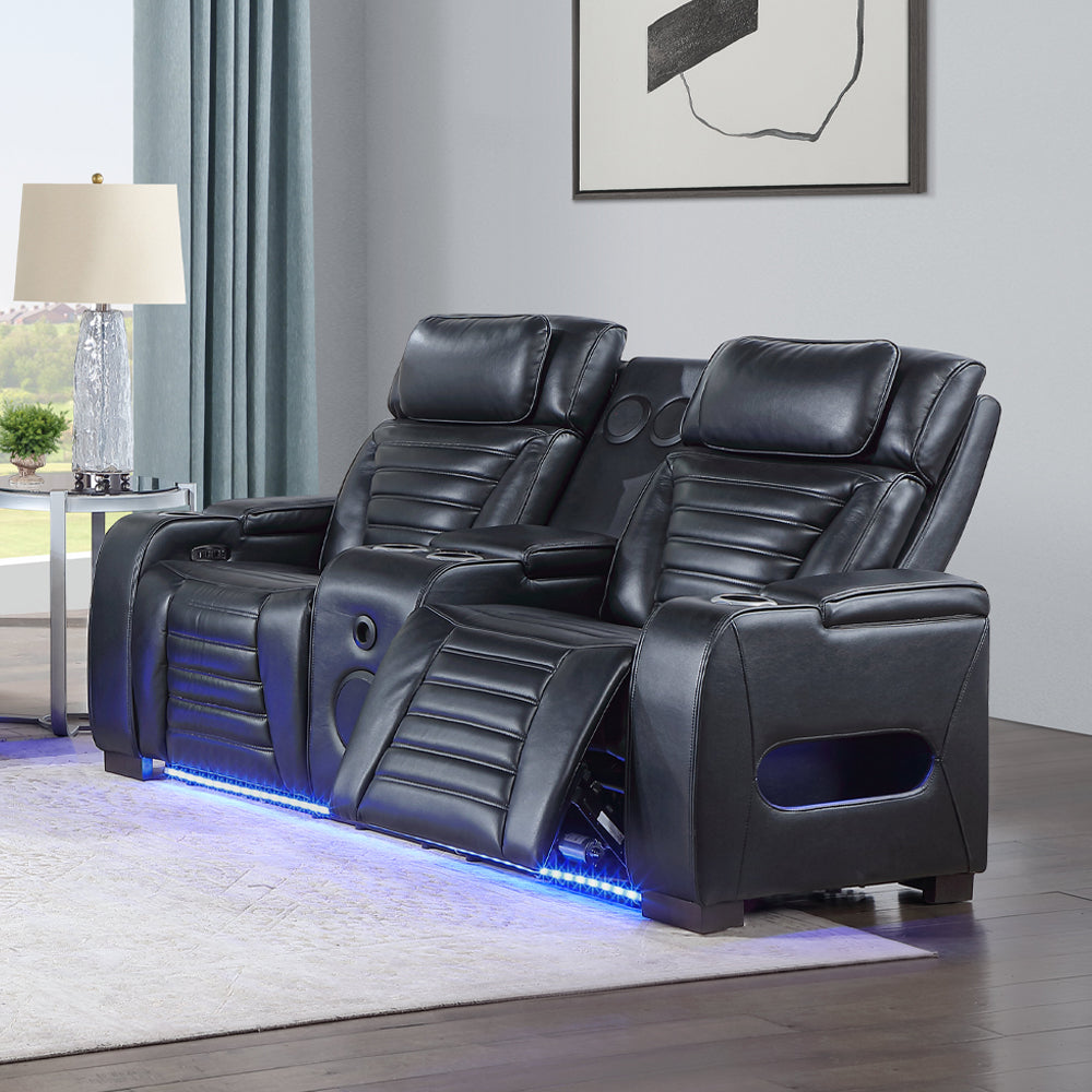 Ephron Black Power Motion Loveseat w/ Console, Power Headrests, LED & Speakers