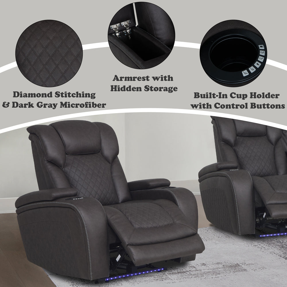 Wendell Dark Gray Microfiber Power Motion Recliner w/Storage,USB & LED
