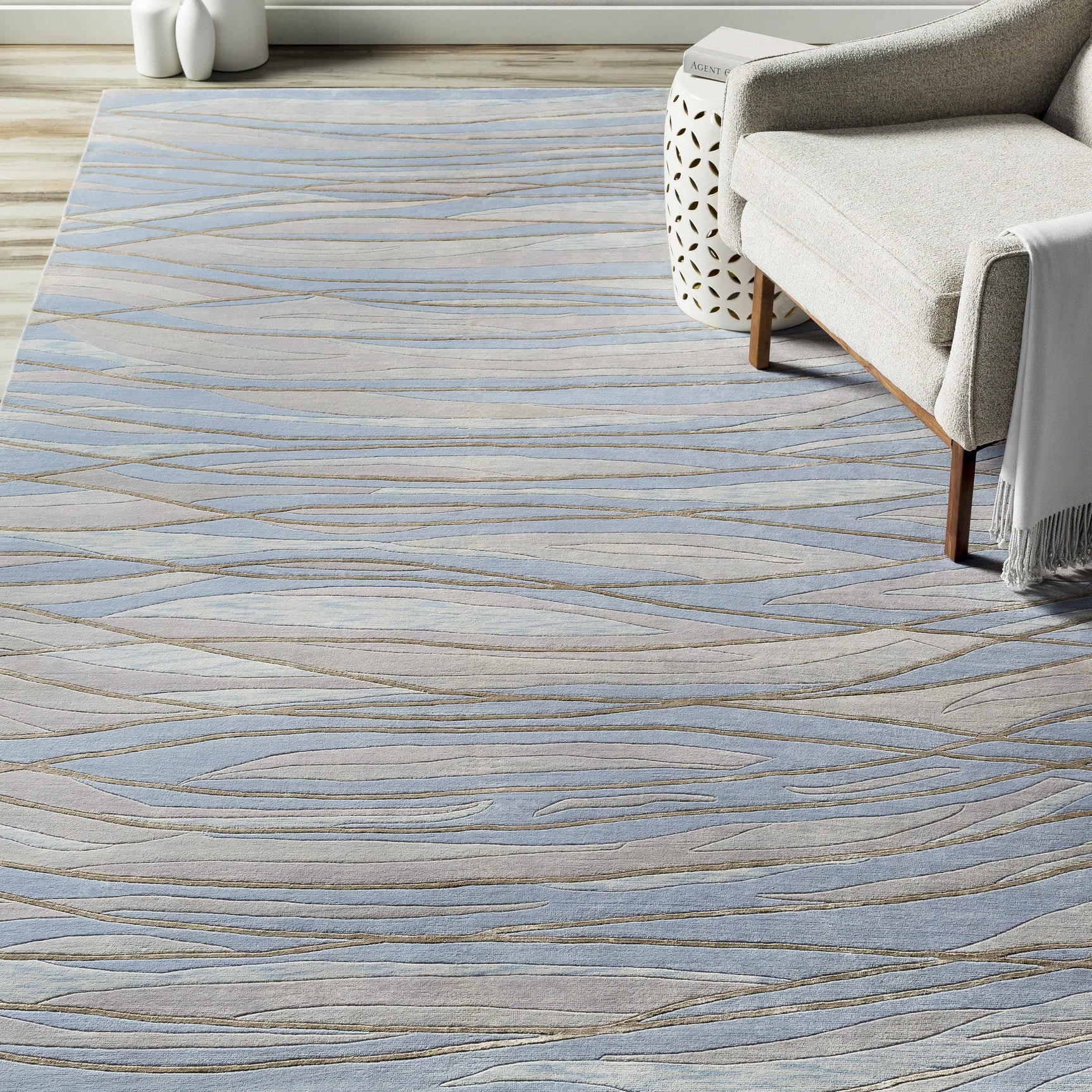Sinai Light Blue Lined Wool/Viscose Rug - Clearance