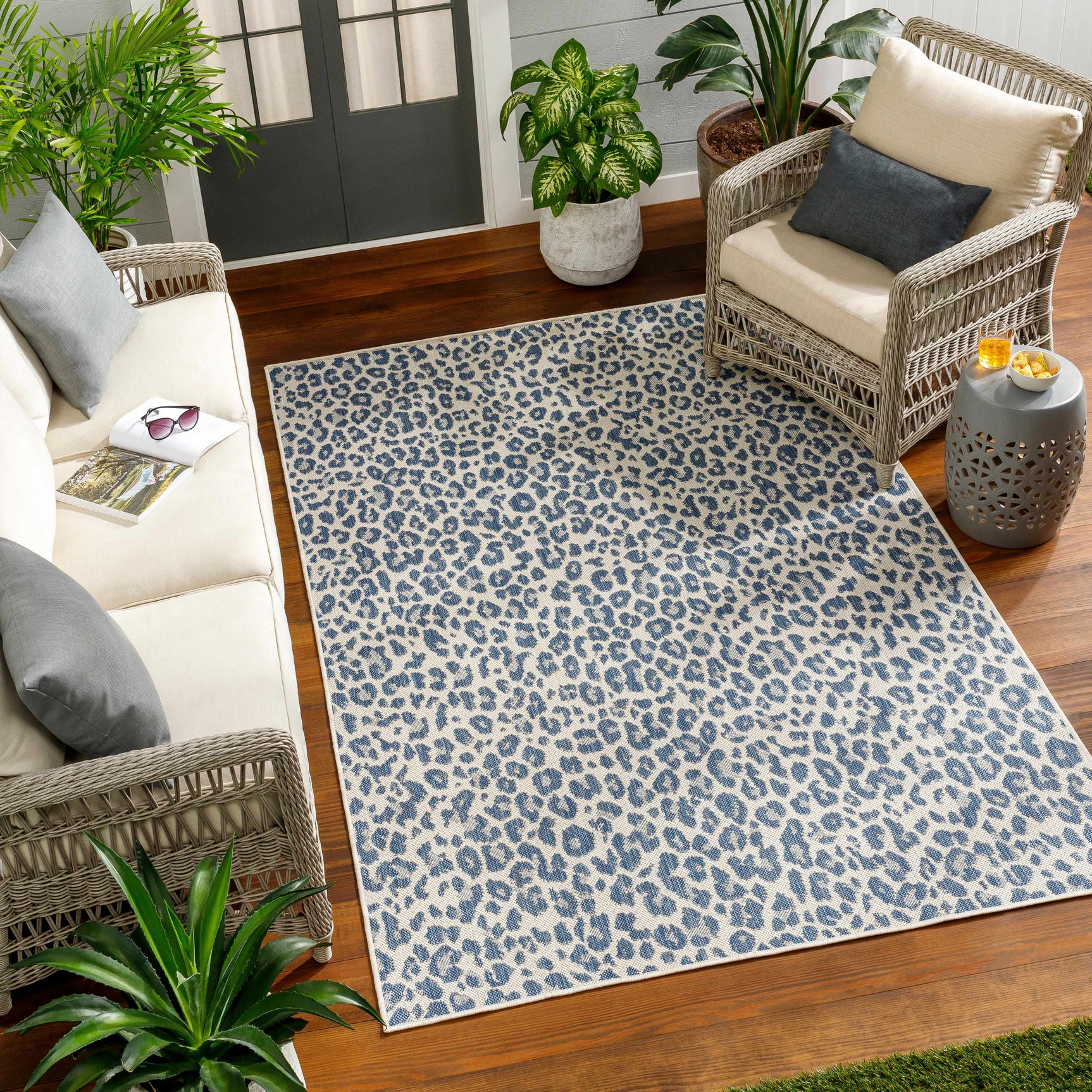 Garbo Blue Leopard Print Outdoor Area Rug - Clearance