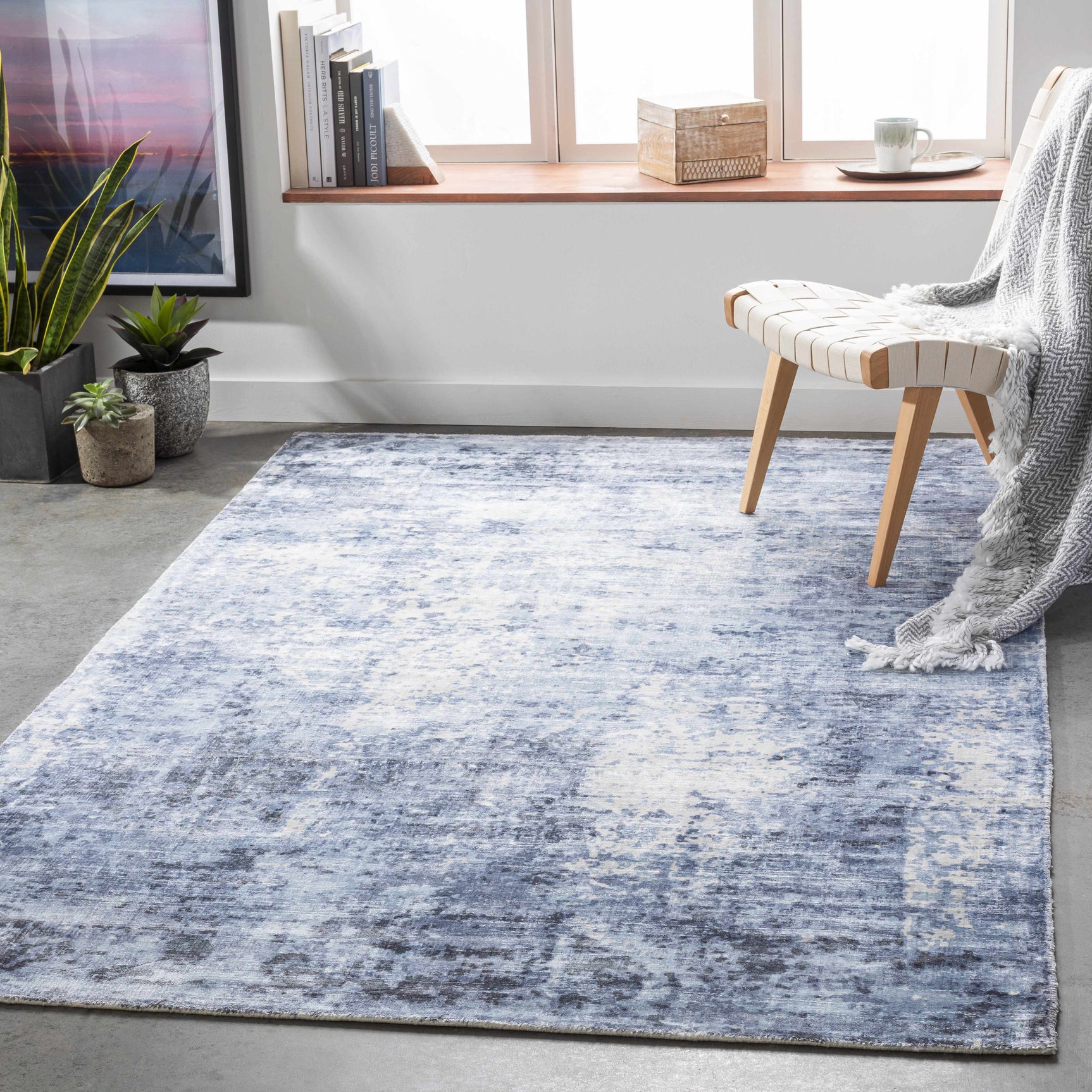 Wardle Abstract Blue/White Viscose Rug - Clearance
