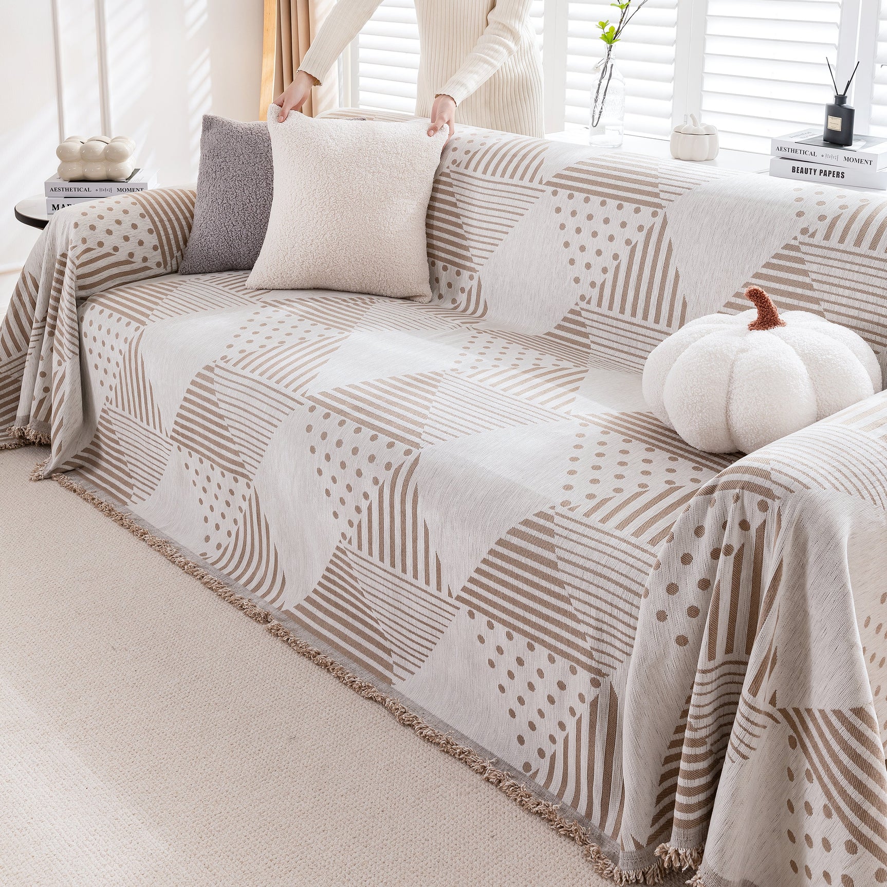 Chenille Geometric Patterned Sofa Throw, Couch Covers for Sectionals for Pets, Throw Cover for Couch