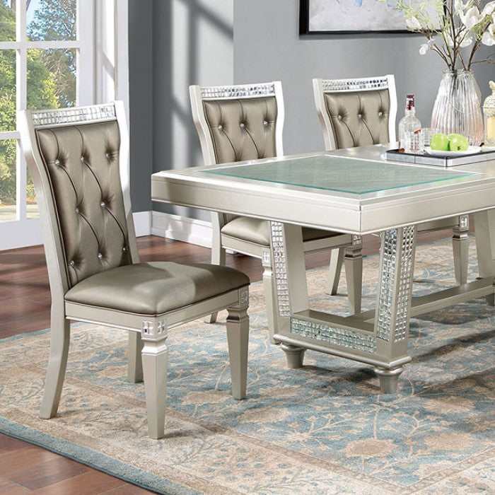 Adelina Champagne/Warm Gray Dining Set w/ 18" Leaf Table - Ornate Home
