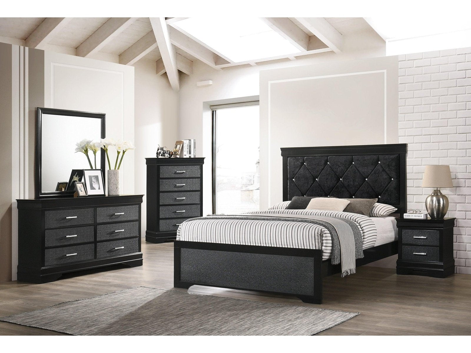 Amalia Black Upholstered Panel Bedroom Set - Ornate Home