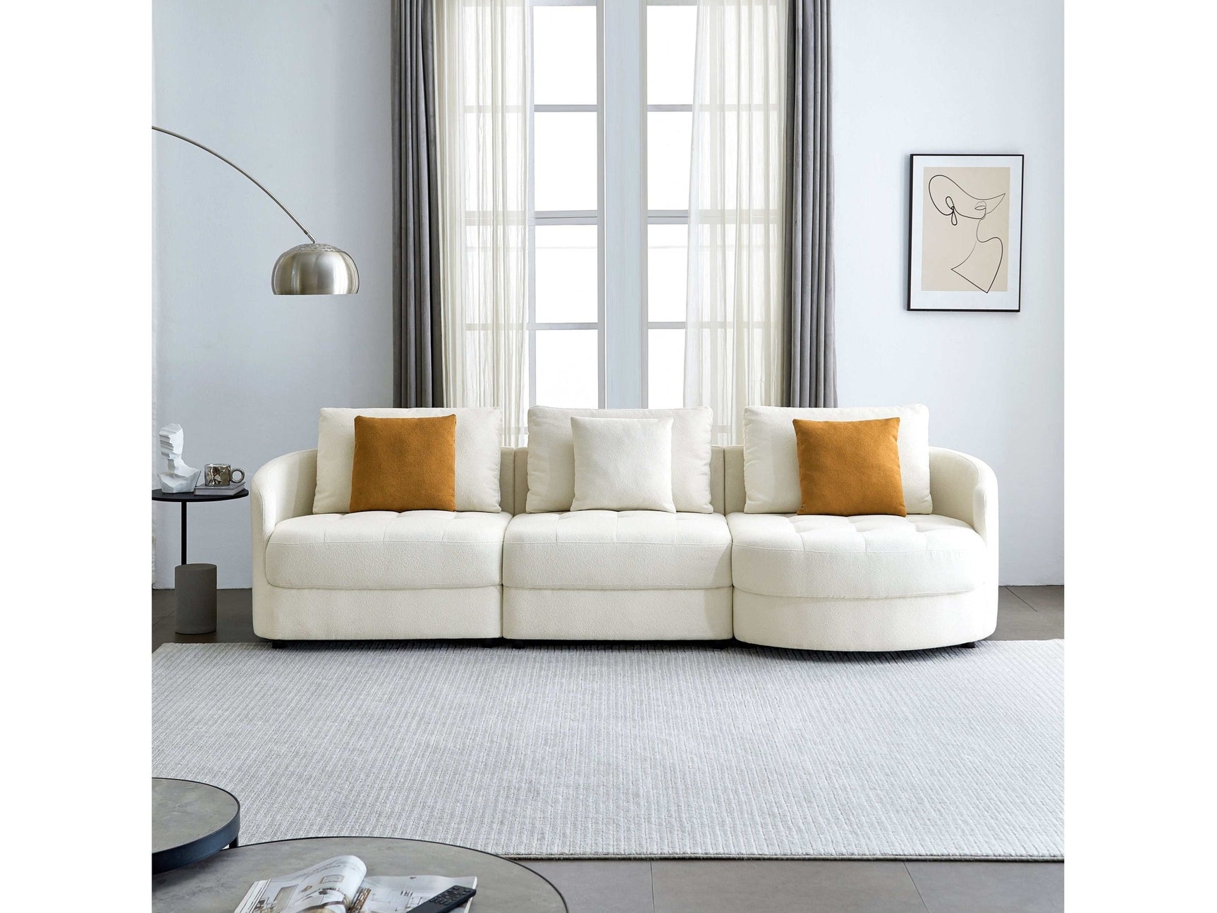 Anacapa 113" Ivory Teddy Sherpa Fabric Sofa, Mid Century Modern L-shape - Ornate Home