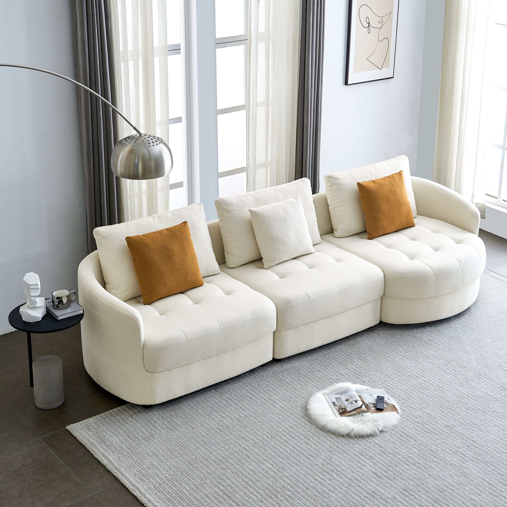 Anacapa 113" Ivory Teddy Sherpa Fabric Sofa, Mid Century Modern L-shape - Ornate Home