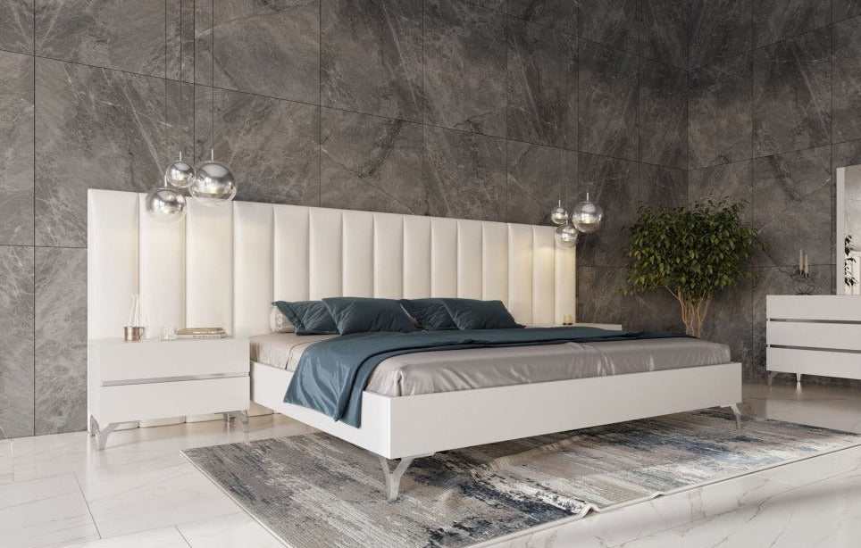 Angela Italian White Eco Leather 3pc Bedroom Set w/ Side Wings - Ornate Home