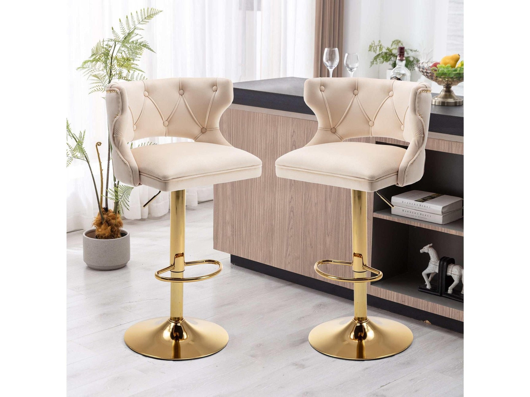 Ano Bar Stools With Back and Footrest Counter Height Dining Chairs-Velvet Beige-2PCS/SET - Ornate Home