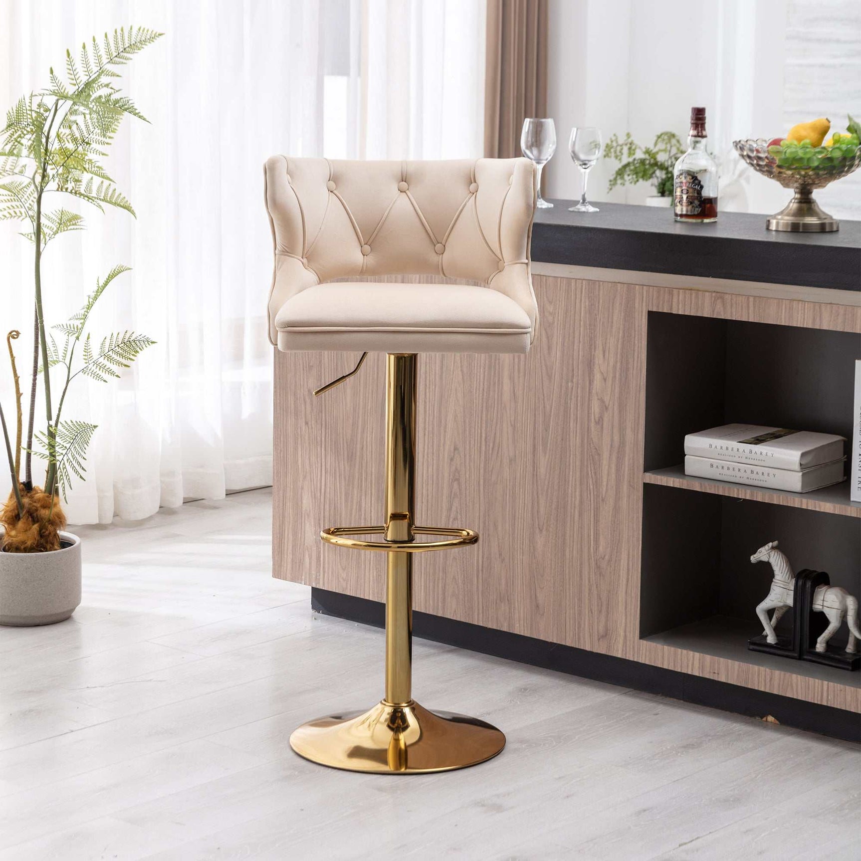 Ano Bar Stools With Back and Footrest Counter Height Dining Chairs-Velvet Beige-2PCS/SET - Ornate Home