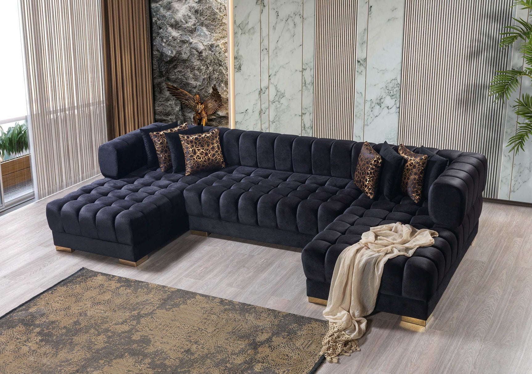 Ariana Black Velvet Double Chaise Sectional - Ornate Home