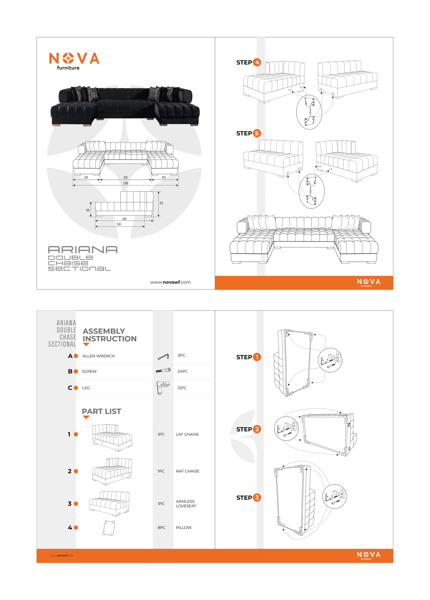 Ariana Black Velvet Double Chaise Sectional - Ornate Home